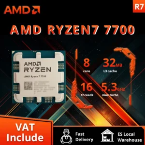AMD Processeur CPU Ryzen 7 7700 R7 7700 4.5 GHz 8-Core 16-Thread, 5NM L3 = 32M Socket AM5 scellé sans refroidisseur