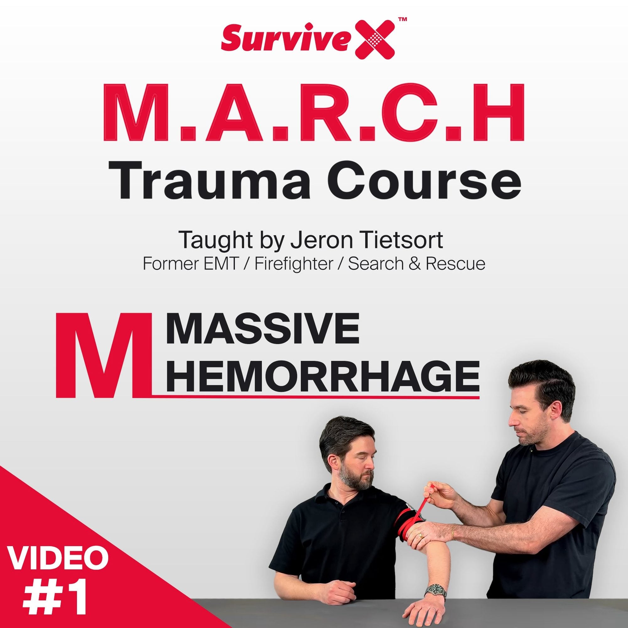Two men demonstrating massive hemorrhage control technique on an arm with red tourniquet