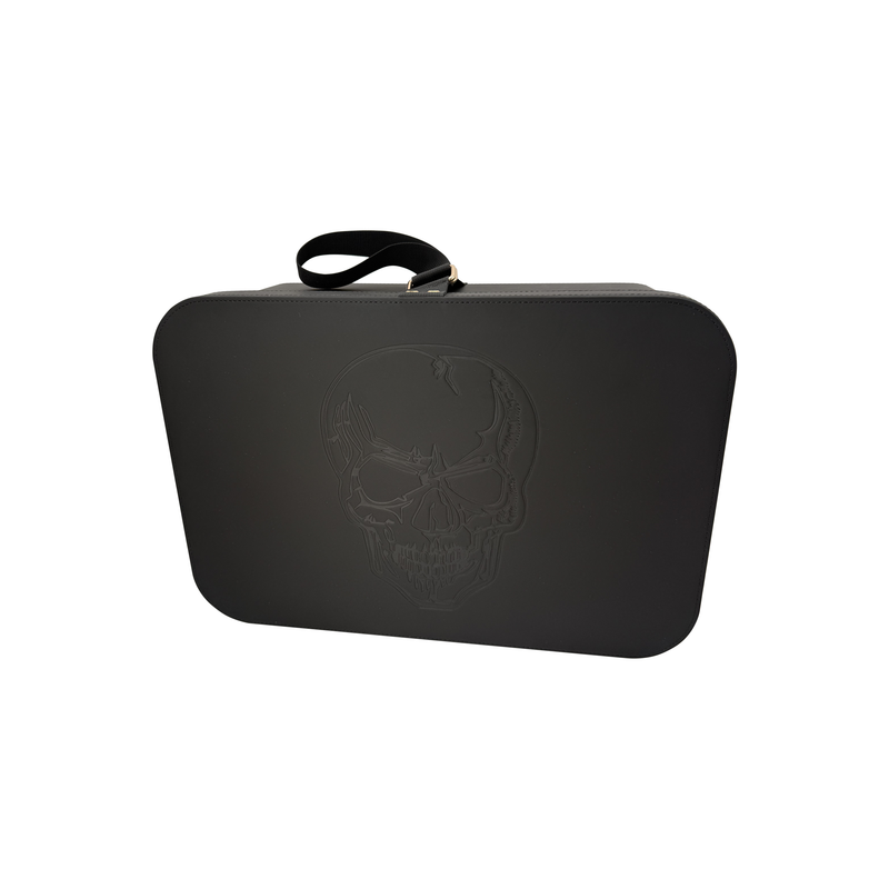 Black rectangular case with embossed skull design and black carrying handle