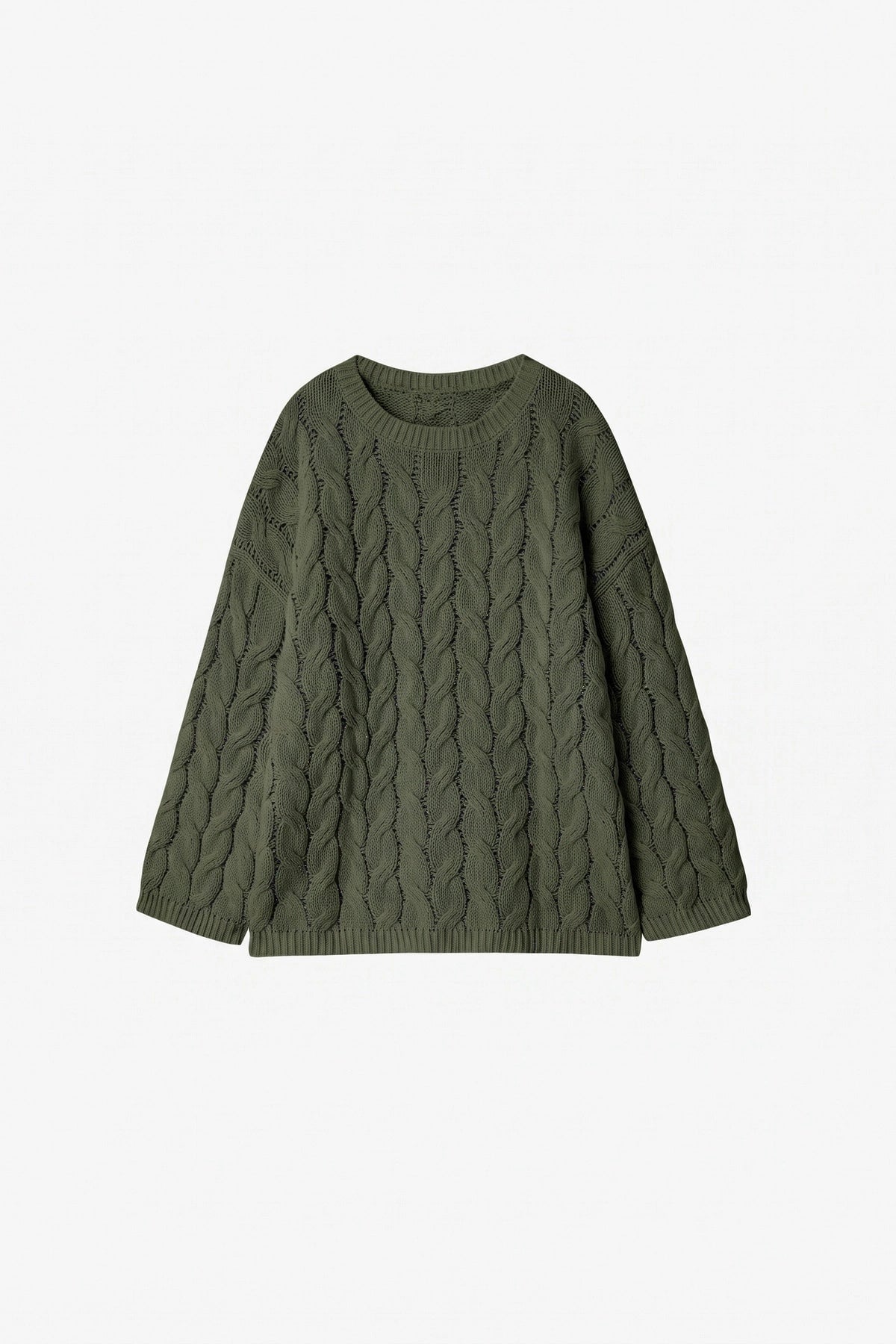 Sage green cable-knit crew neck sweater with long sleeves