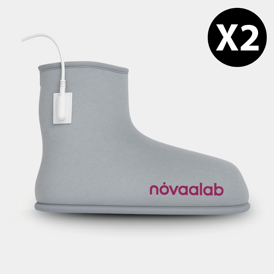 Pair of gray fabric foot booties with white charging cables and nóvaalab branding