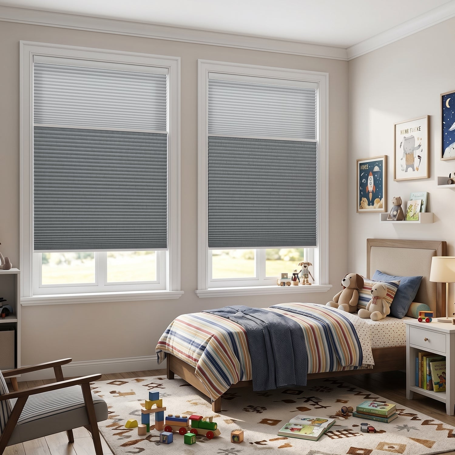 Child's bedroom with two large windows fitted with full motorized cellular shades in gray, bed with striped bedding, toys, and wall art