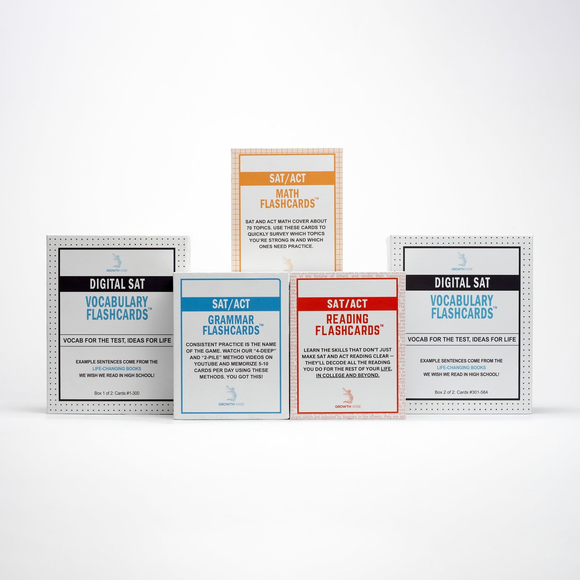 Collection of SAT and ACT prep flashcard sets displayed on white background, including vocabulary, grammar, reading, and math flashcards in various colors