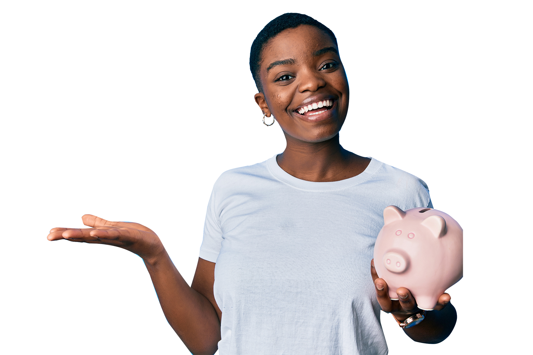 Smiling woman in light blue t-shirt holding a pink piggy bank with one hand extended