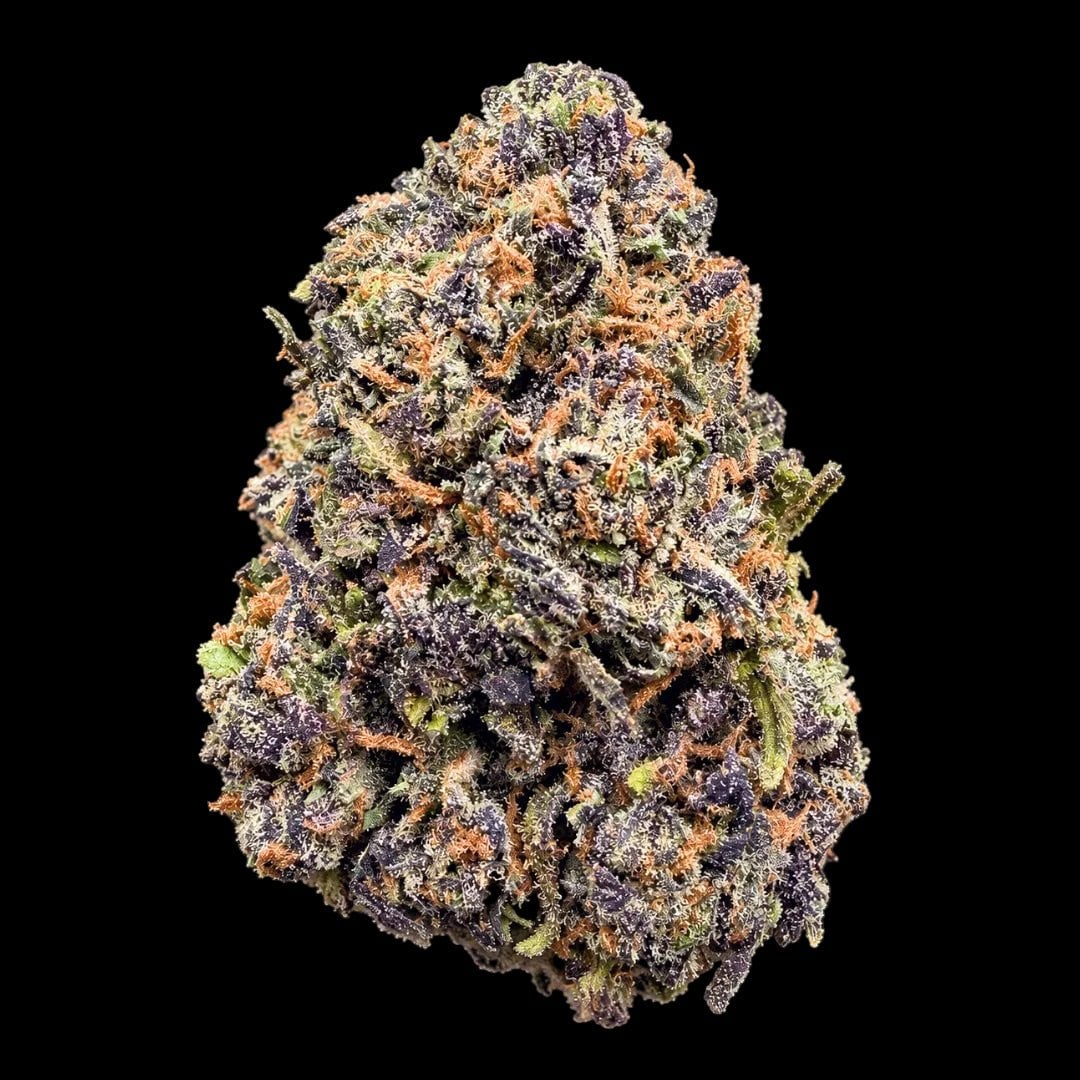 Dense cannabis flower bud with orange, green, and purple trichomes against black background