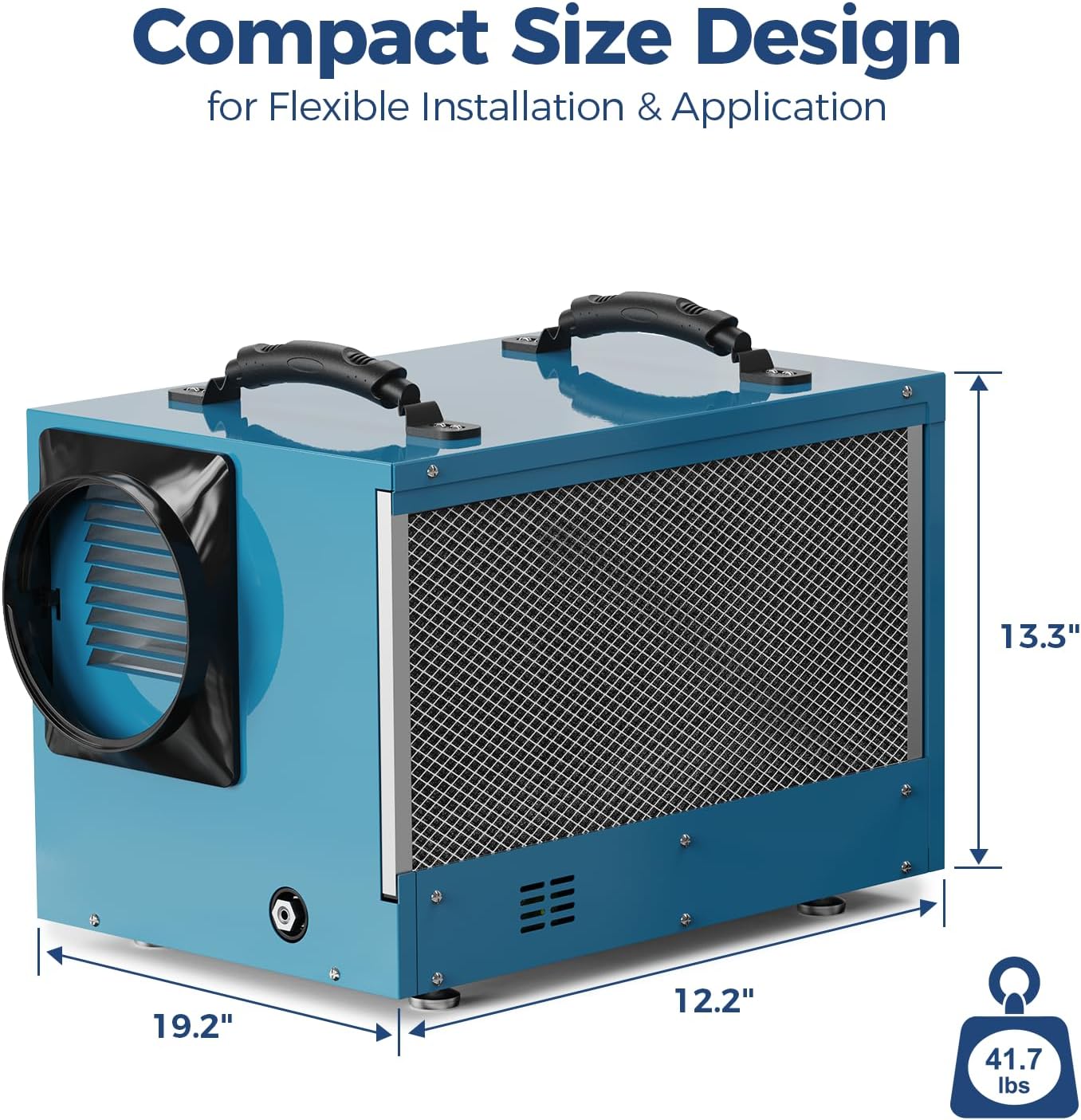 Blue compact dehumidifier unit with dual carrying handles, showing dimensions of 19.2 inches wide by 12.2 inches deep by 13.3 inches tall, weighing 41.7 lbs