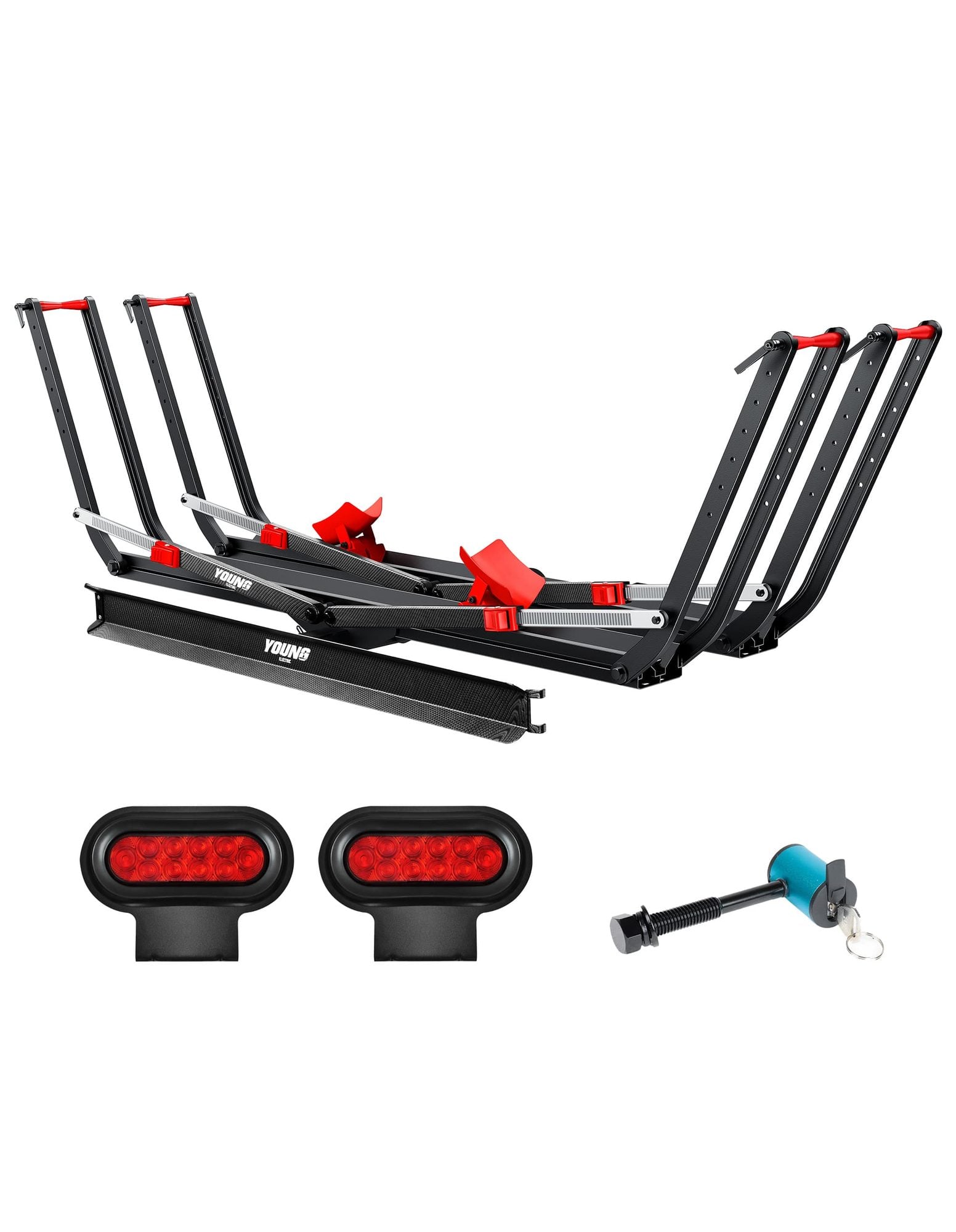Assembled bike rack with red and black frame, foldable ramp sections, red tail lights, and locking mechanism