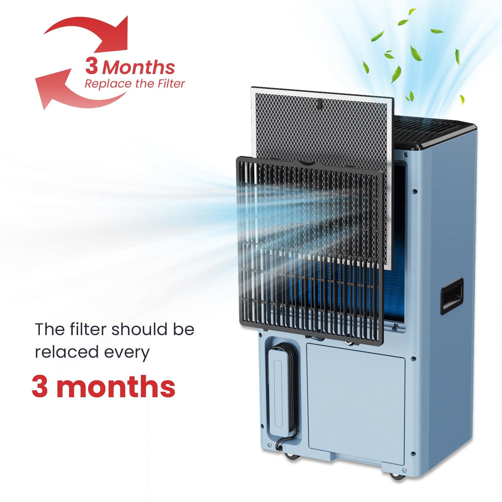 Dehumidifier unit with filter highlighted and text indicating filter replacement required every 3 months