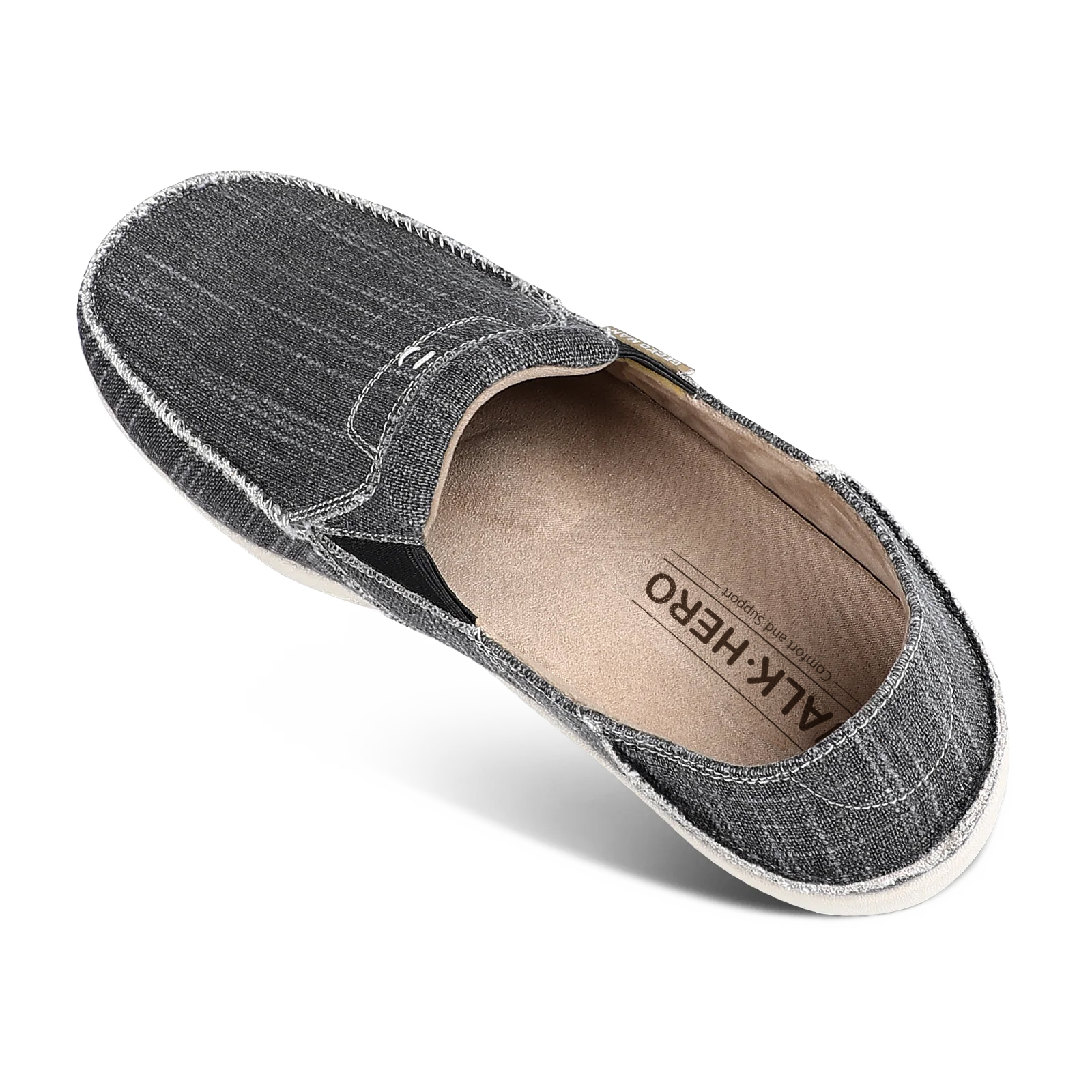 Gray textured slip-on loafer viewed from above showing the cushioned insole and branded footbed