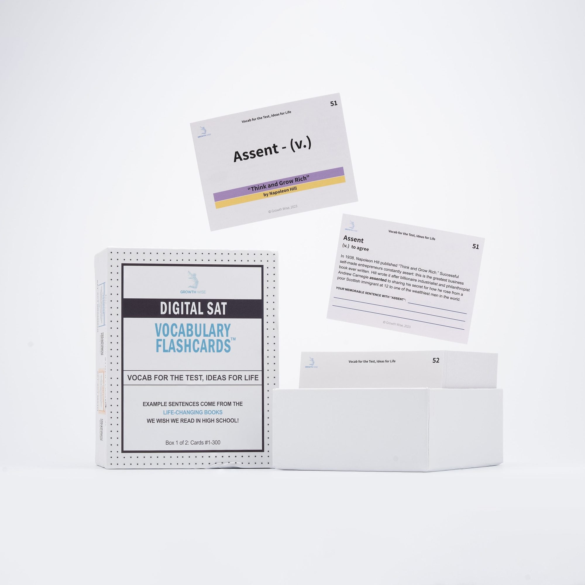 Digital SAT Vocabulary Flashcards box with sample cards showing "Assent" definition and Think and Grow Rich reference material