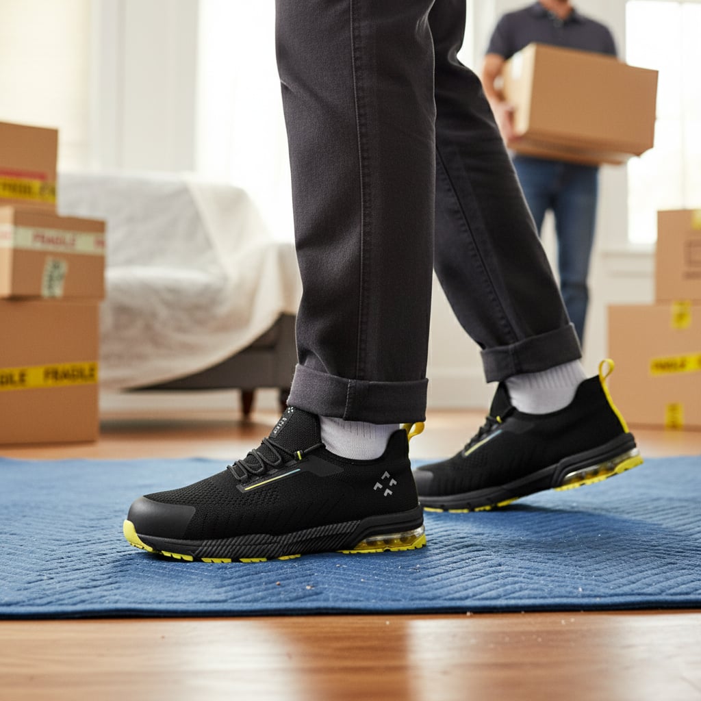 Person wearing black and yellow work shoes with slip-resistant sole standing on blue mat surrounded by cardboard boxes