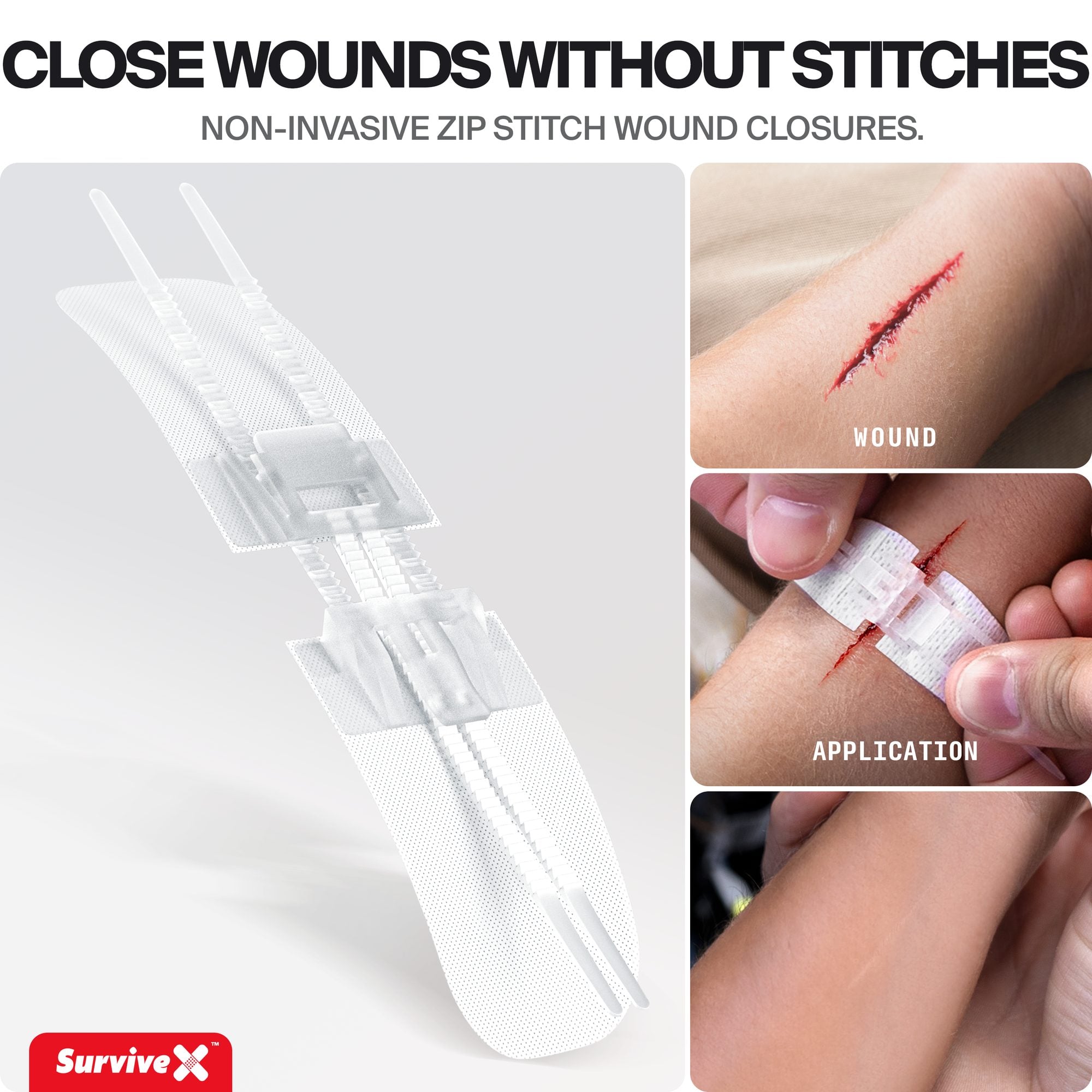 White zip stitch wound closure strips shown separately, with demonstration photos of open wound and application on skin