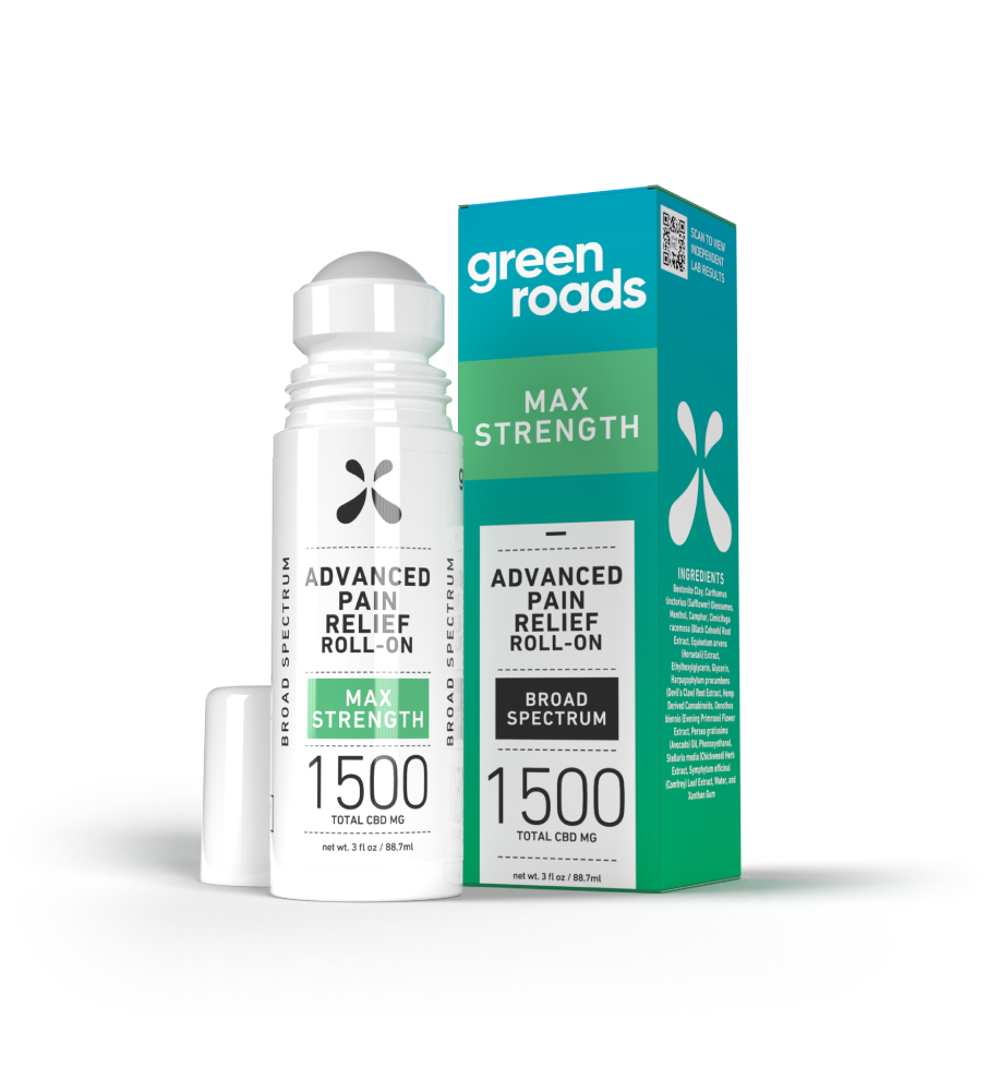 White roll-on bottle with teal and green box labeled Advanced Pain Relief Roll-On Max Strength 1500mg