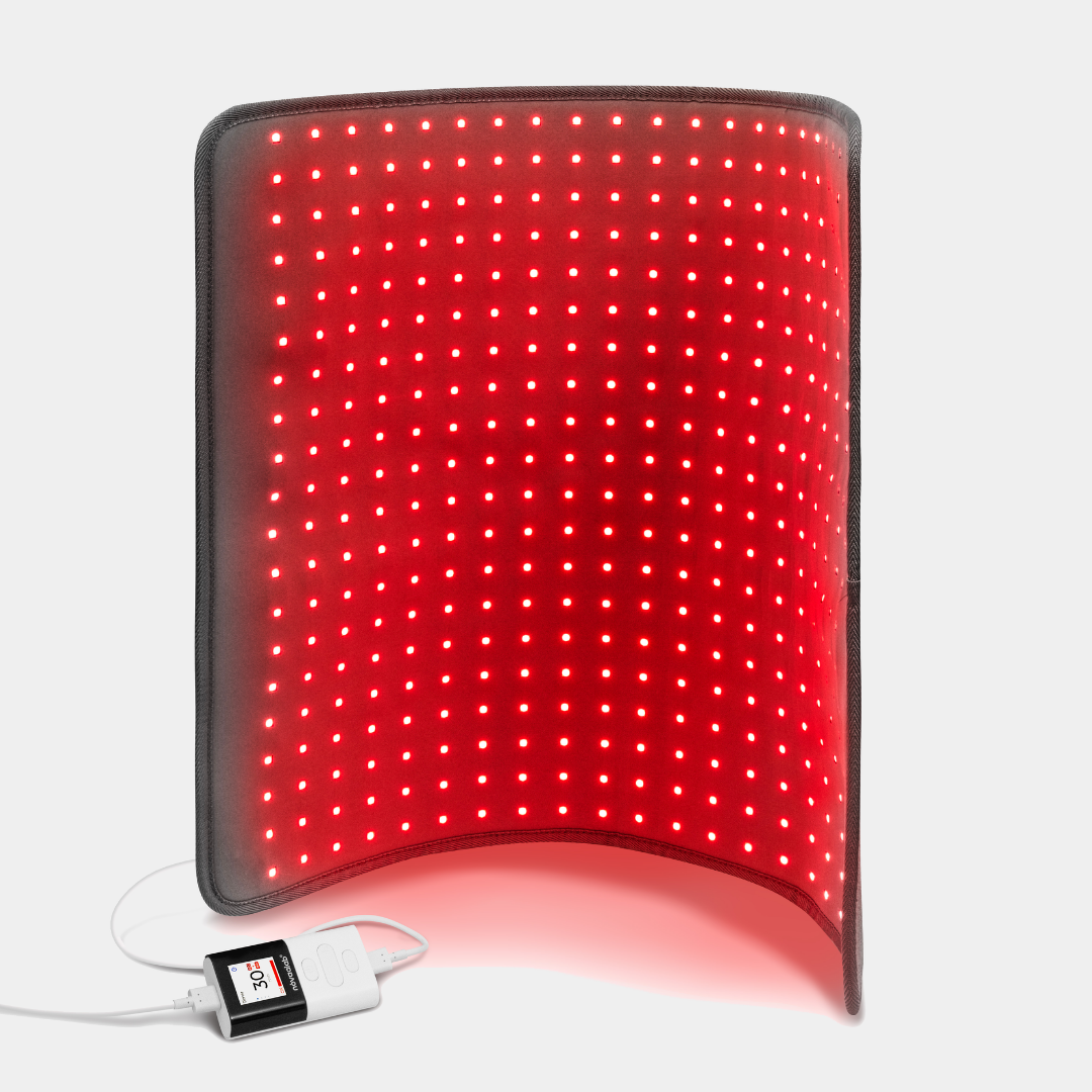 Curved red light therapy panel with LED grid and control device
