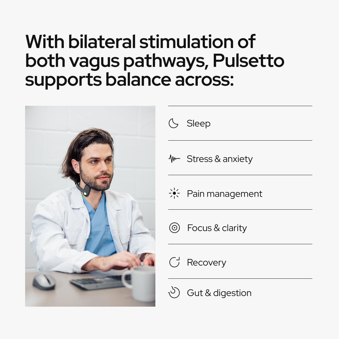 Male physician in white coat demonstrating vagus nerve stimulation benefits: sleep, stress & anxiety, pain management, focus & clarity, recovery, and gut & digestion