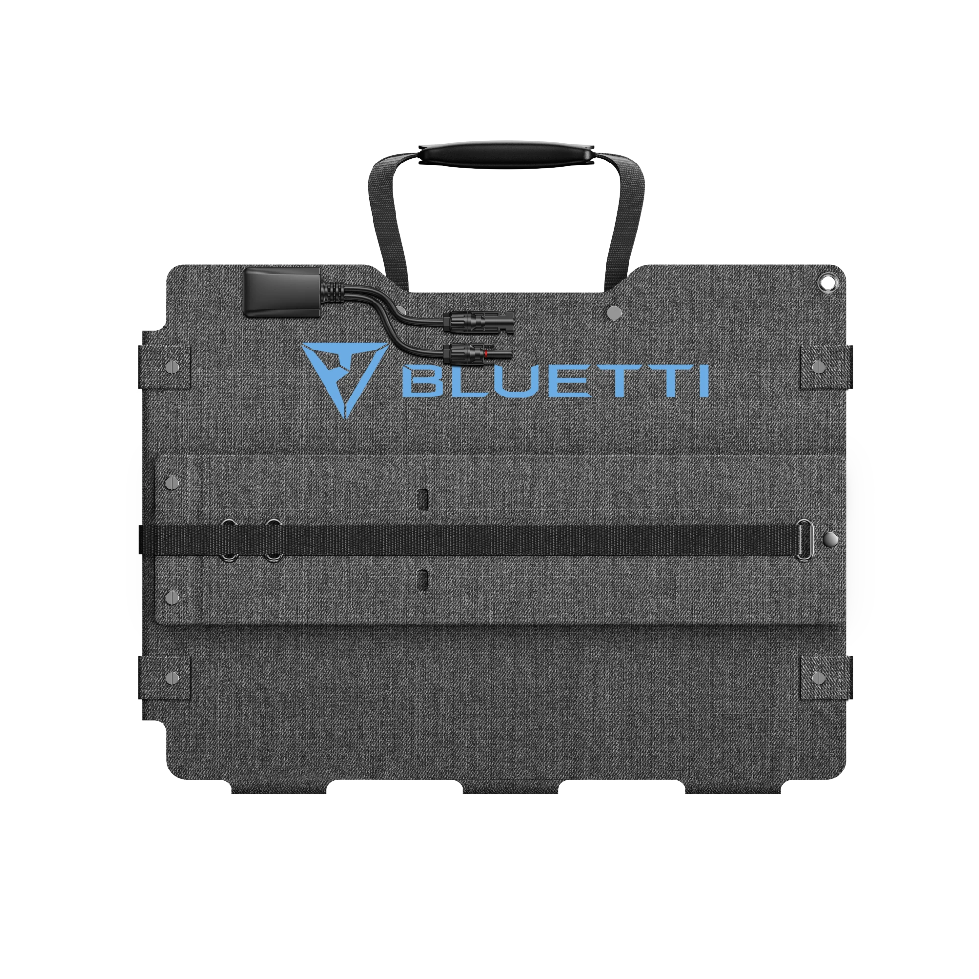 Gray fabric carrying case with blue logo and black handles on top