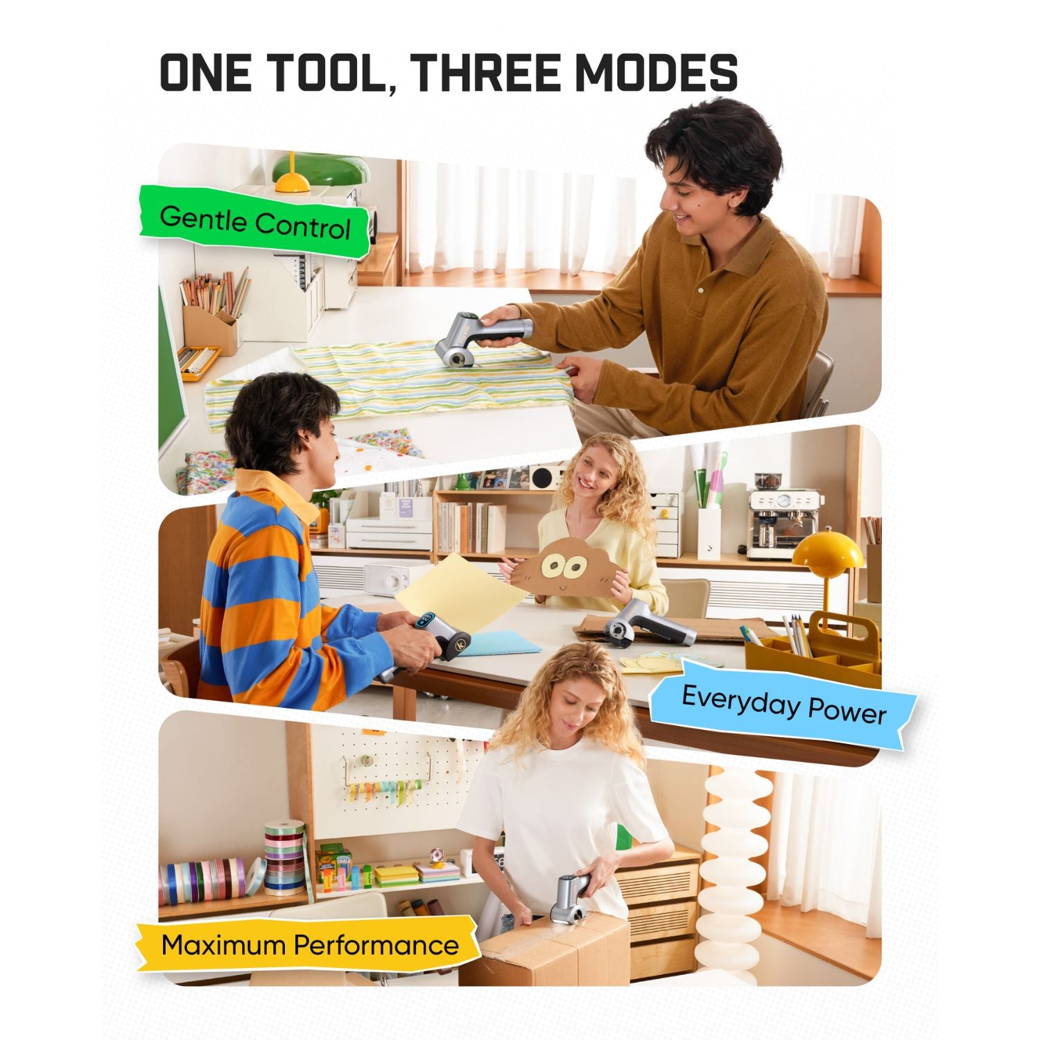 Four people demonstrating three cutting modes: gentle control, everyday power, and maximum performance in home settings