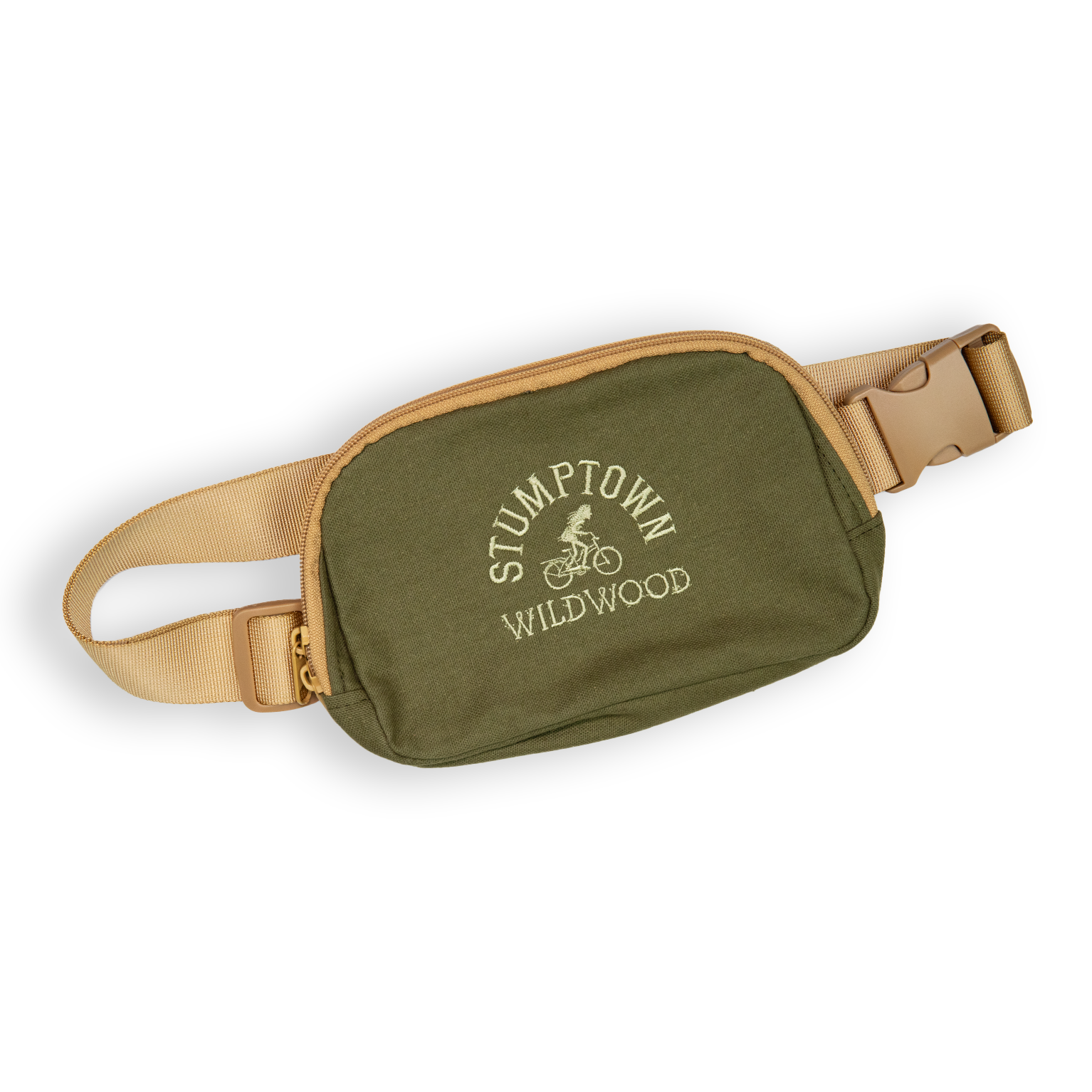 Olive green canvas belt bag with tan strap and Stumptown Wildwood bicycle logo embroidery