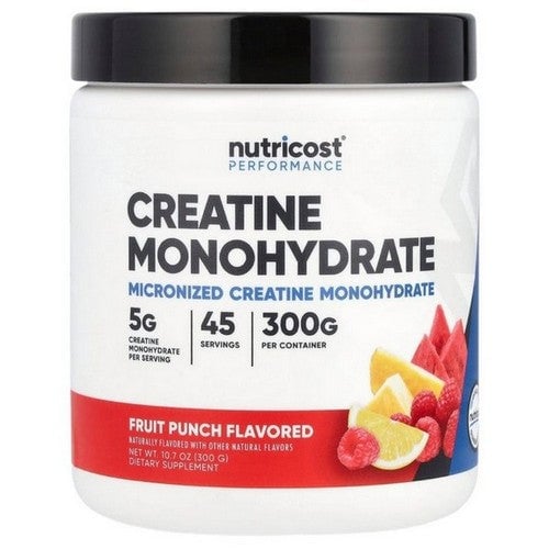 White container of creatine monohydrate powder in fruit punch flavor with black lid