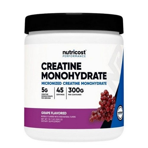 White container of creatine monohydrate powder in grape flavor with black lid
