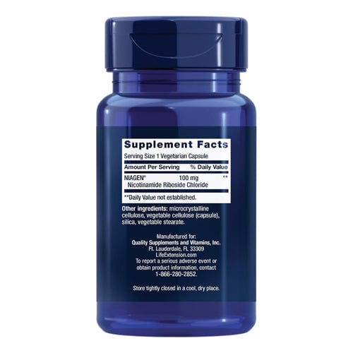 Blue glass bottle of NAG supplement with white label showing supplement facts