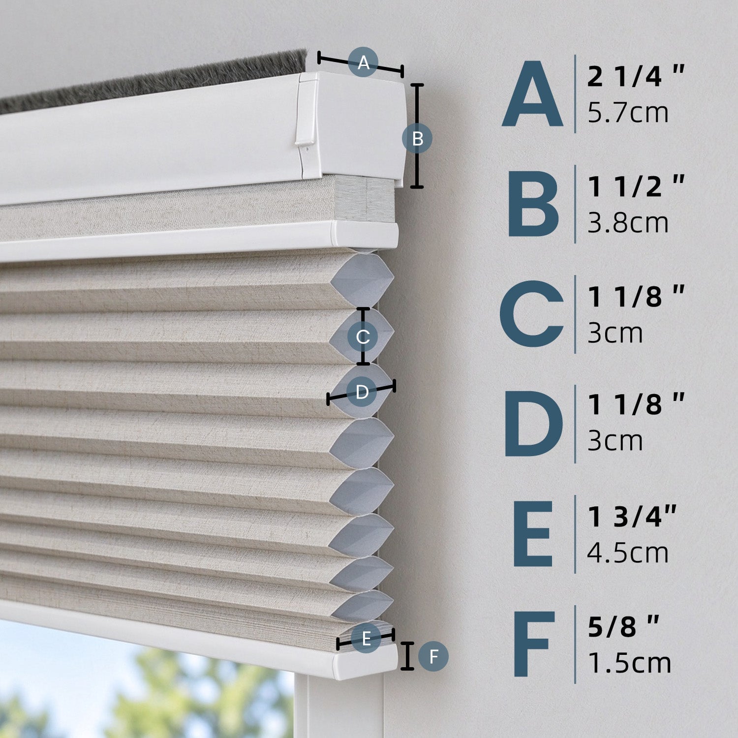 Close-up diagram of motorized shade components showing measurements for headrail, motor housing, fabric roll, spacer, and bottom bar dimensions