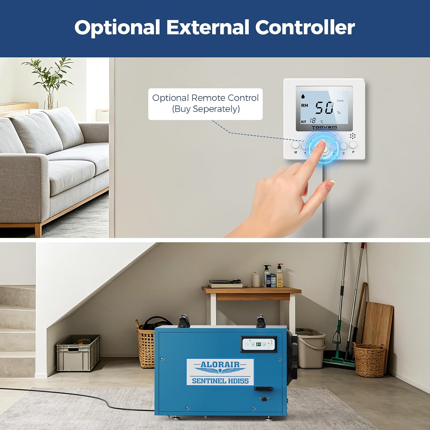 Optional wall-mounted remote control showing humidity and temperature readings, with user's finger touching the control panel in a modern living room setting