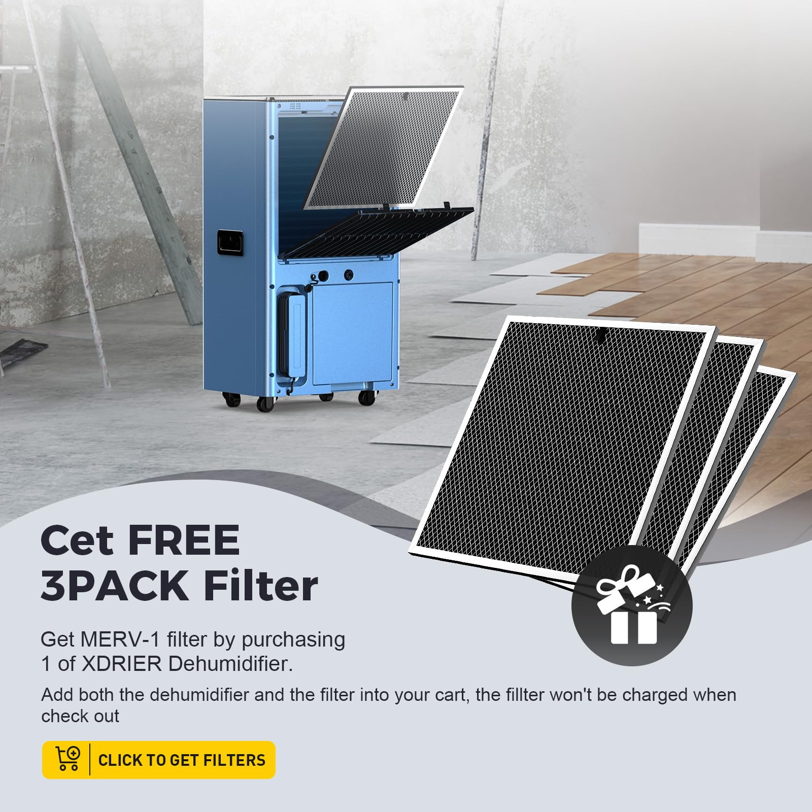 Dehumidifier unit with open top filter compartment and three replacement filter panels displayed on floor