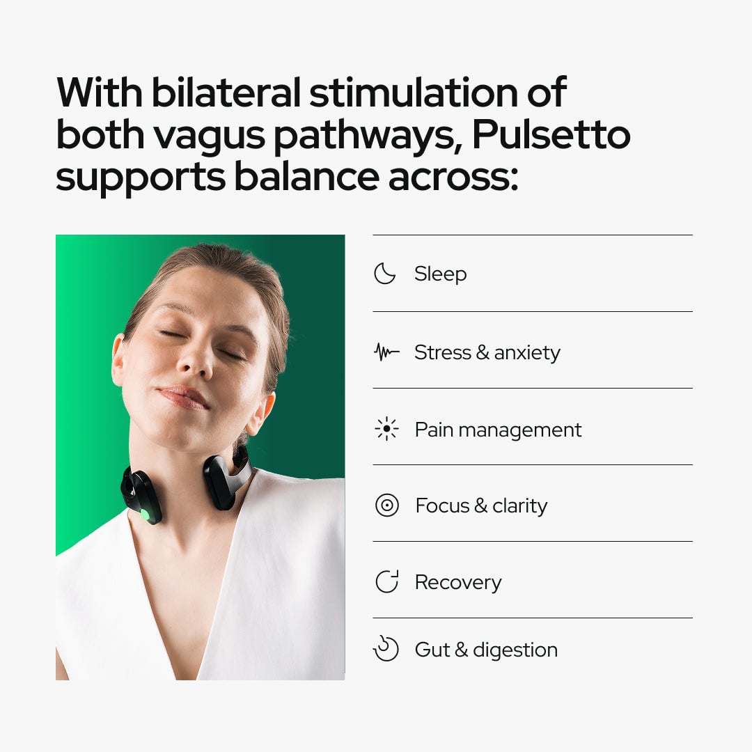 Woman wearing black headphones around her neck on green and white background, with list of six benefits: sleep, stress and anxiety, pain management, focus and clarity, recovery, and gut and digestion