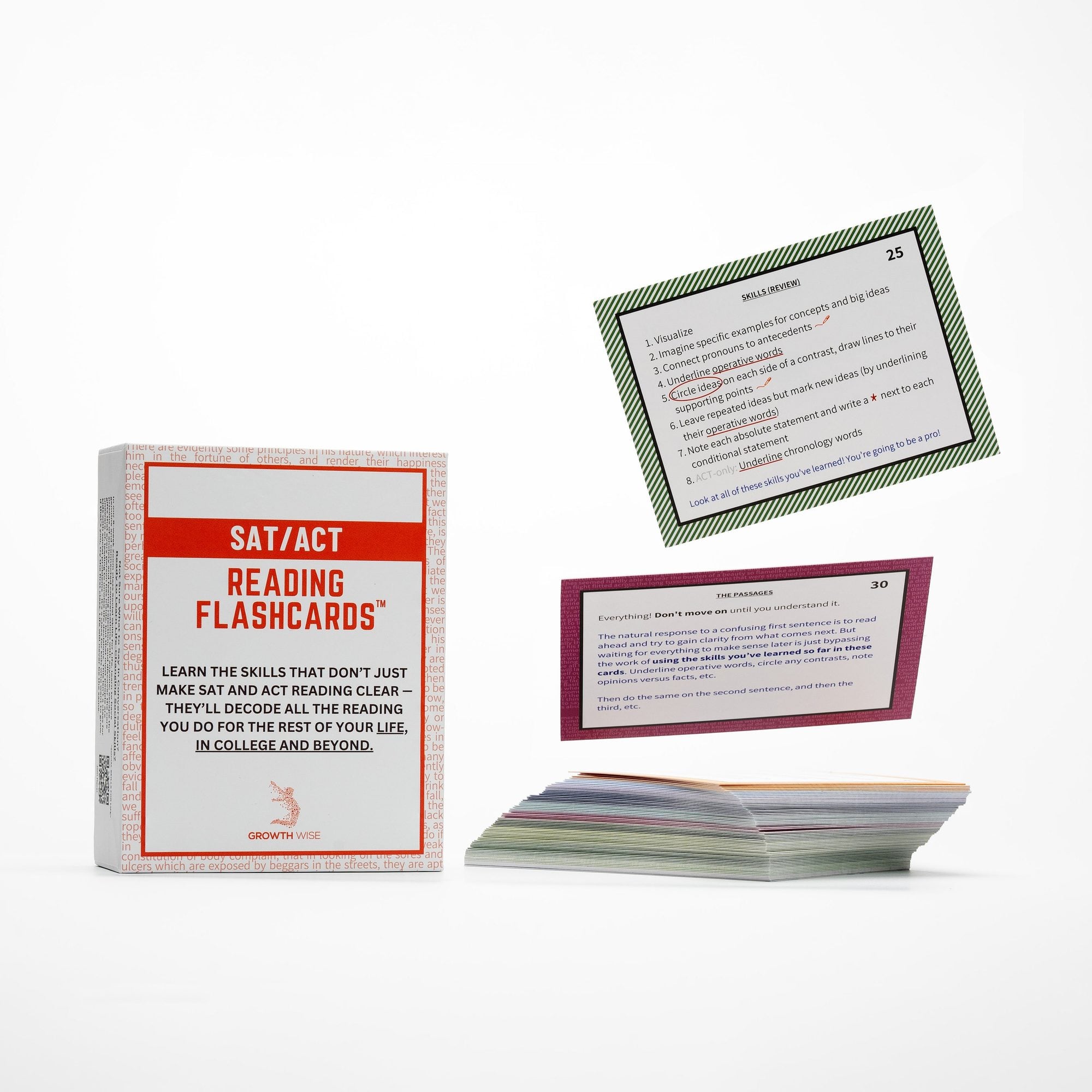SAT/ACT Reading Flashcards box with sample cards displaying reading comprehension skills and passage analysis techniques