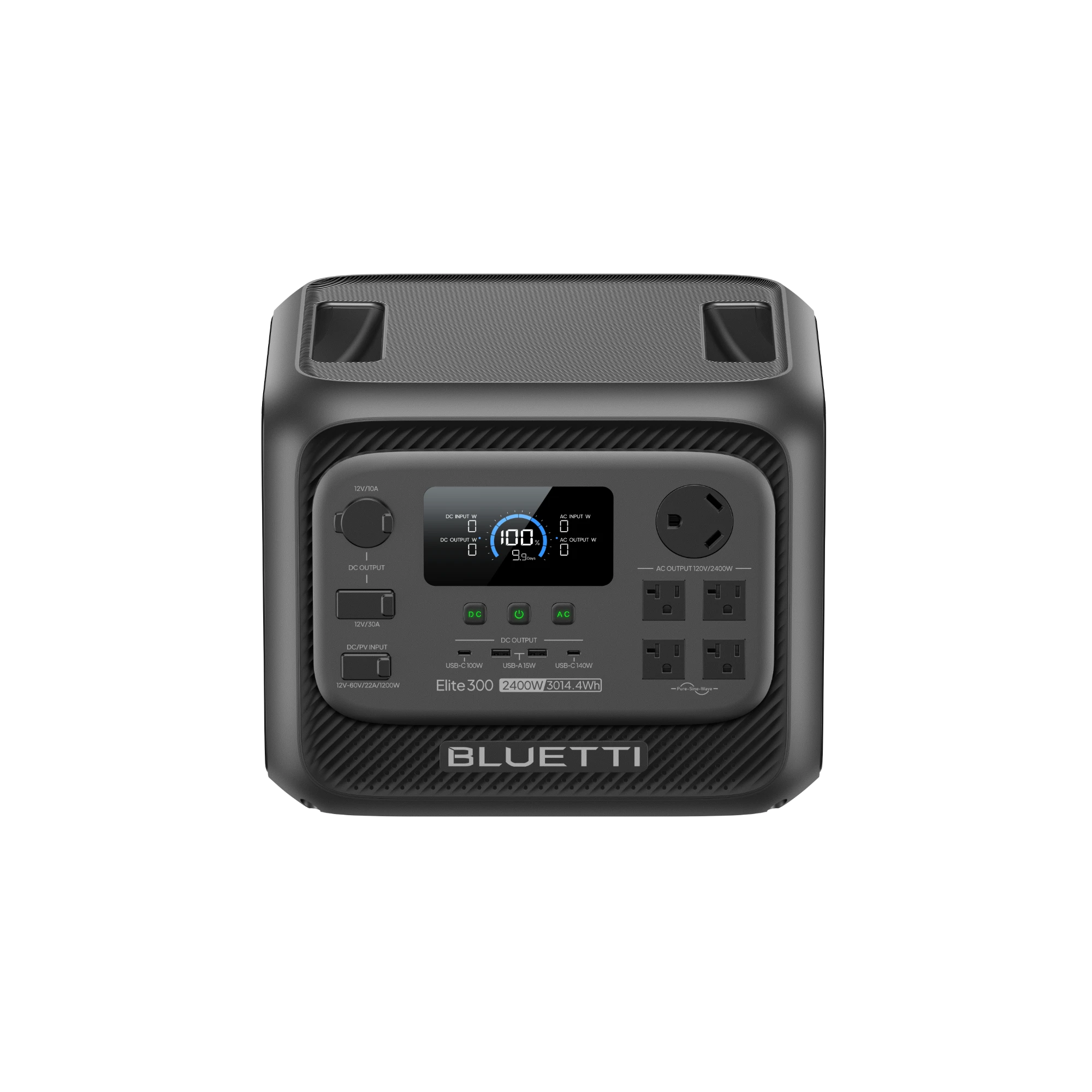 Front view of portable power station showing control panel with blue-lit display and outlet ports