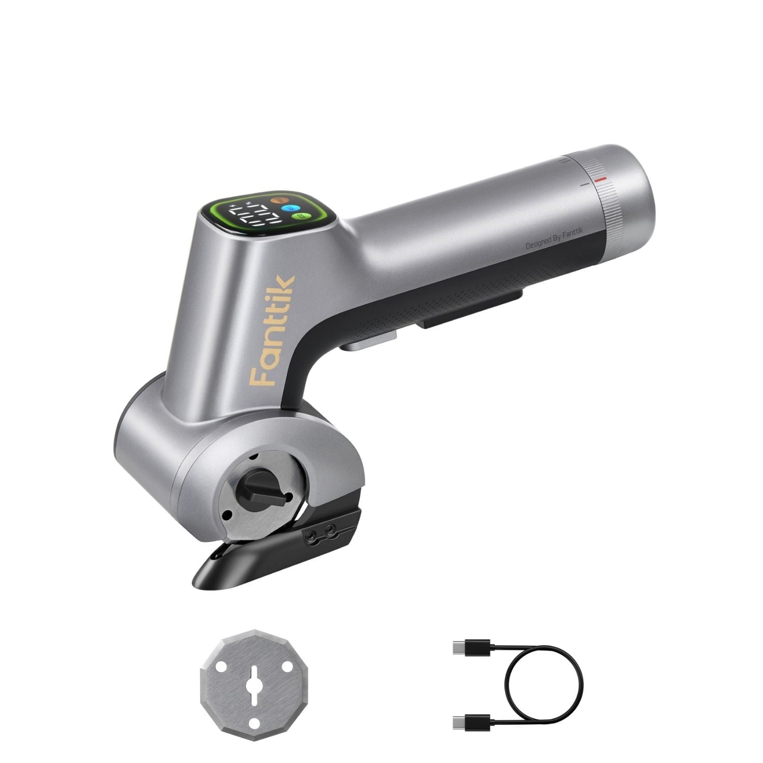 Handheld silver laser measurement device with digital display screen and included wall mount bracket and charging cables