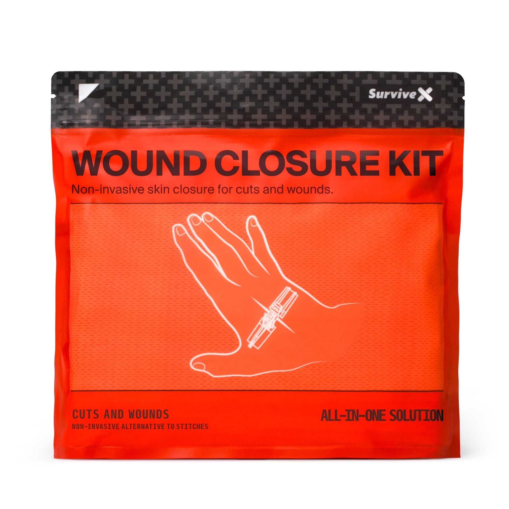 Red pouch with black text reading 'WOUND CLOSURE KIT' and illustration of hand with syringe