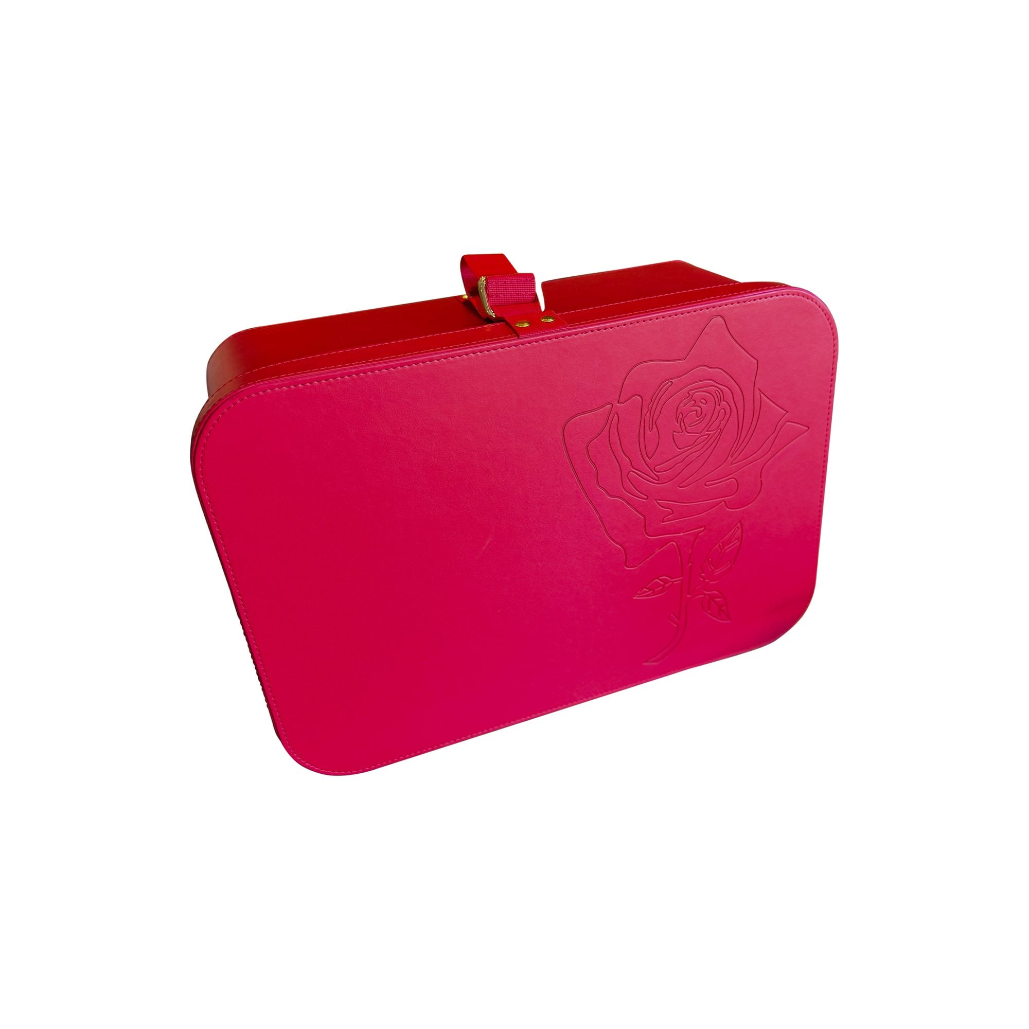 Bright pink clutch-style case with embossed rose design and red top detail