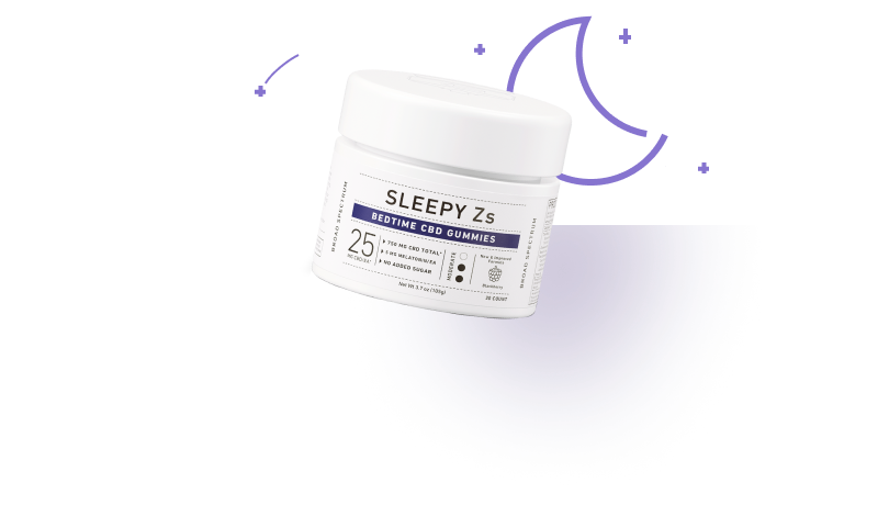 White jar with purple moon and star graphics labeled Sleepy Zs Bedtime CBD Gummies 25