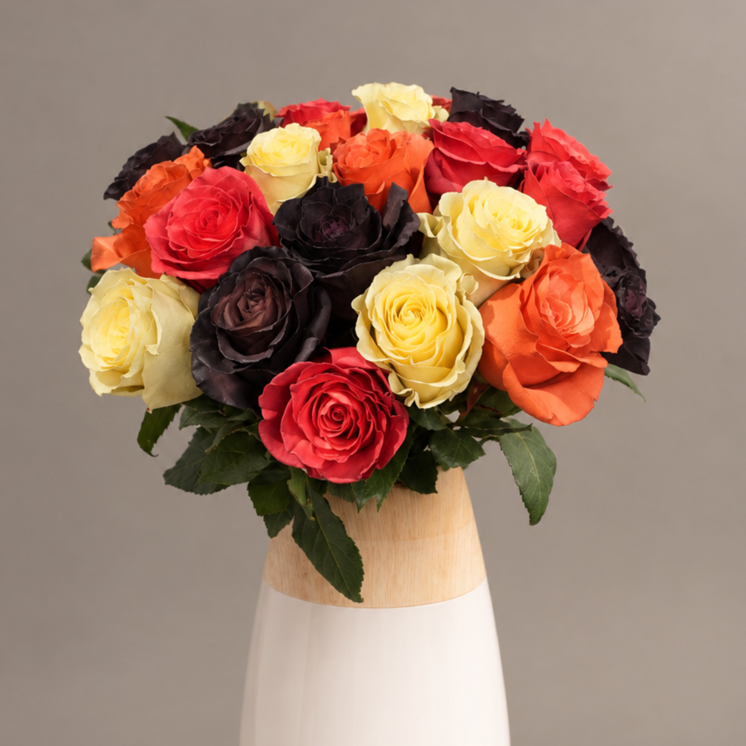 Wooden and white vase filled with an arrangement of red, yellow, orange, and dark purple roses