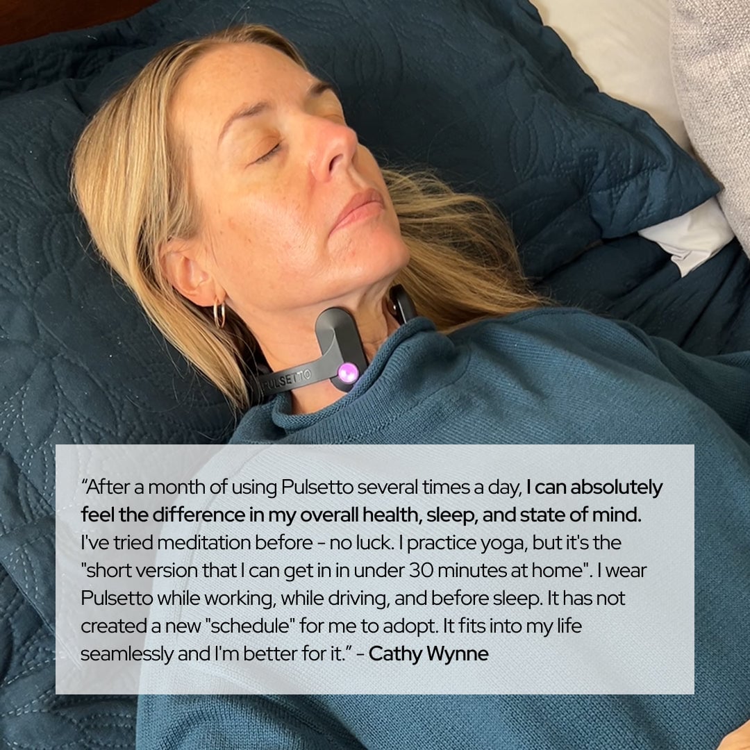 Woman lying on dark pillow wearing vagus nerve stimulation device on neck with testimonial quote about health improvements