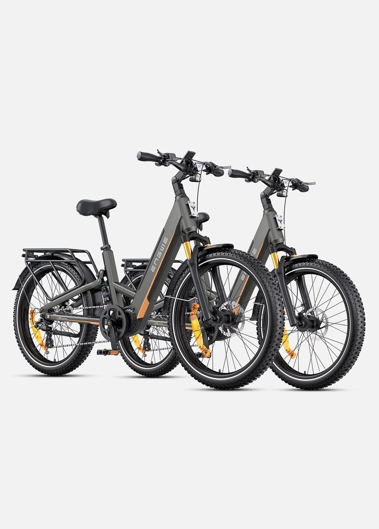 Two gray and dark-colored electric bikes with yellow accents shown from the side against white background