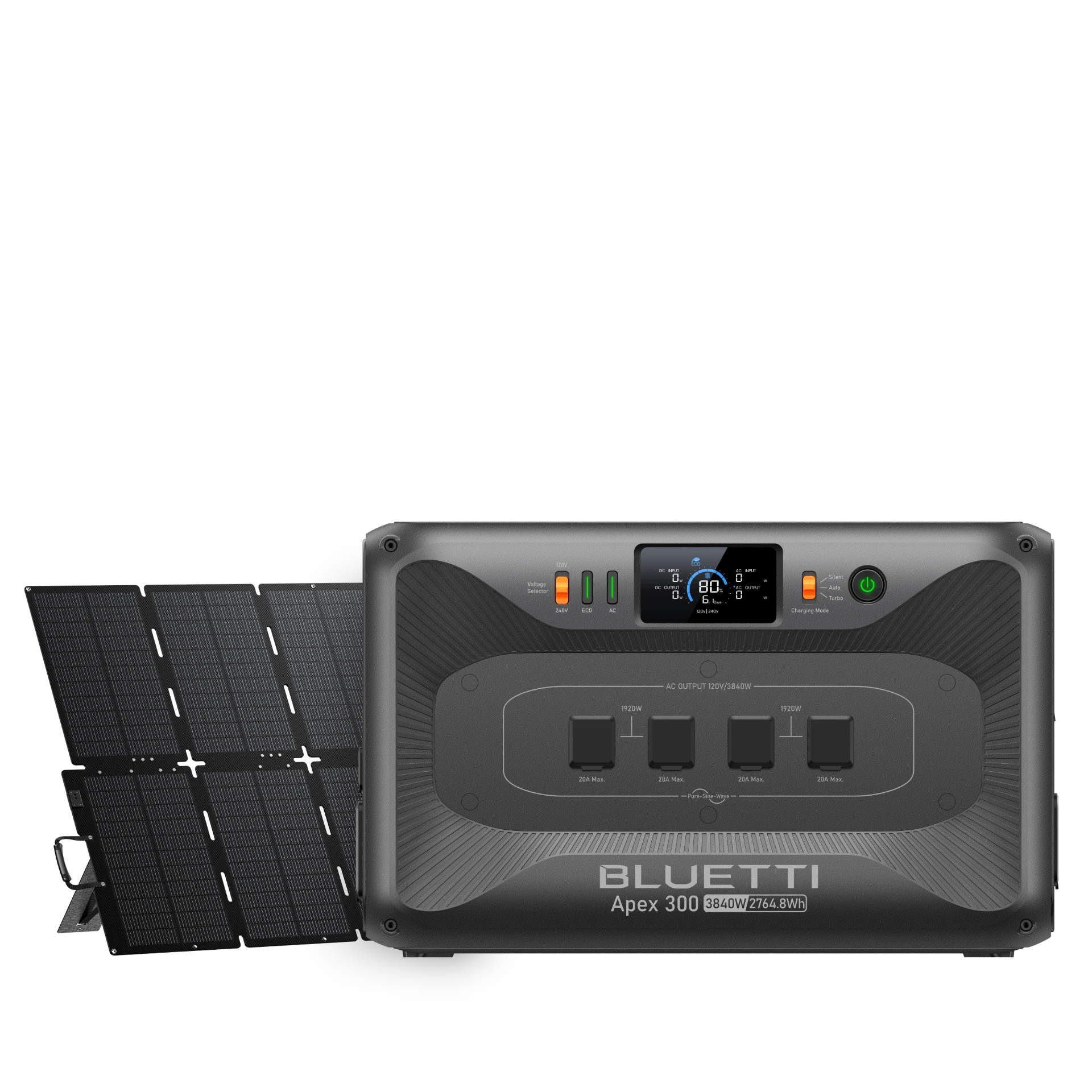 Portable power station with solar panels and AC output controls displayed