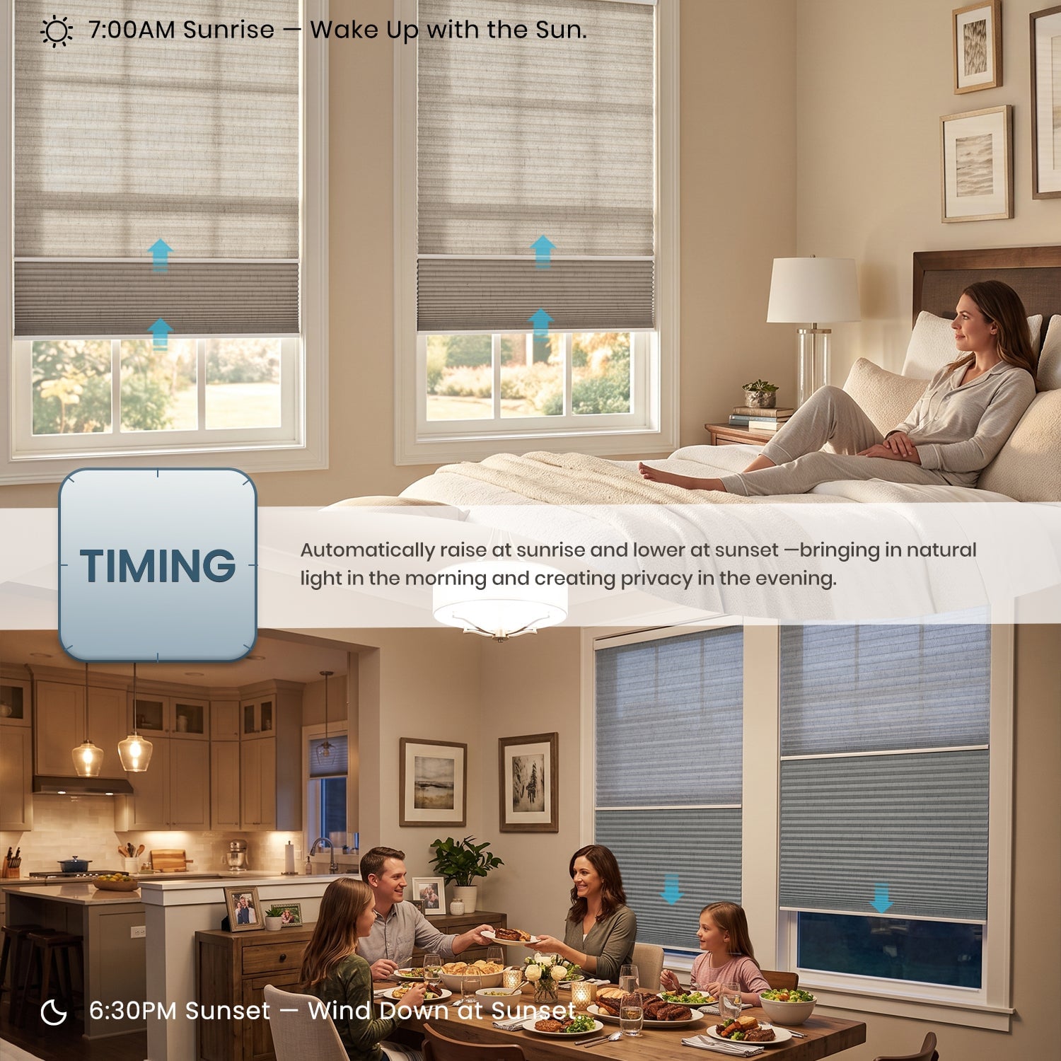 Woman in bed at sunrise with motorized shades partially raised, showing timing feature to automatically raise at 7:00 AM