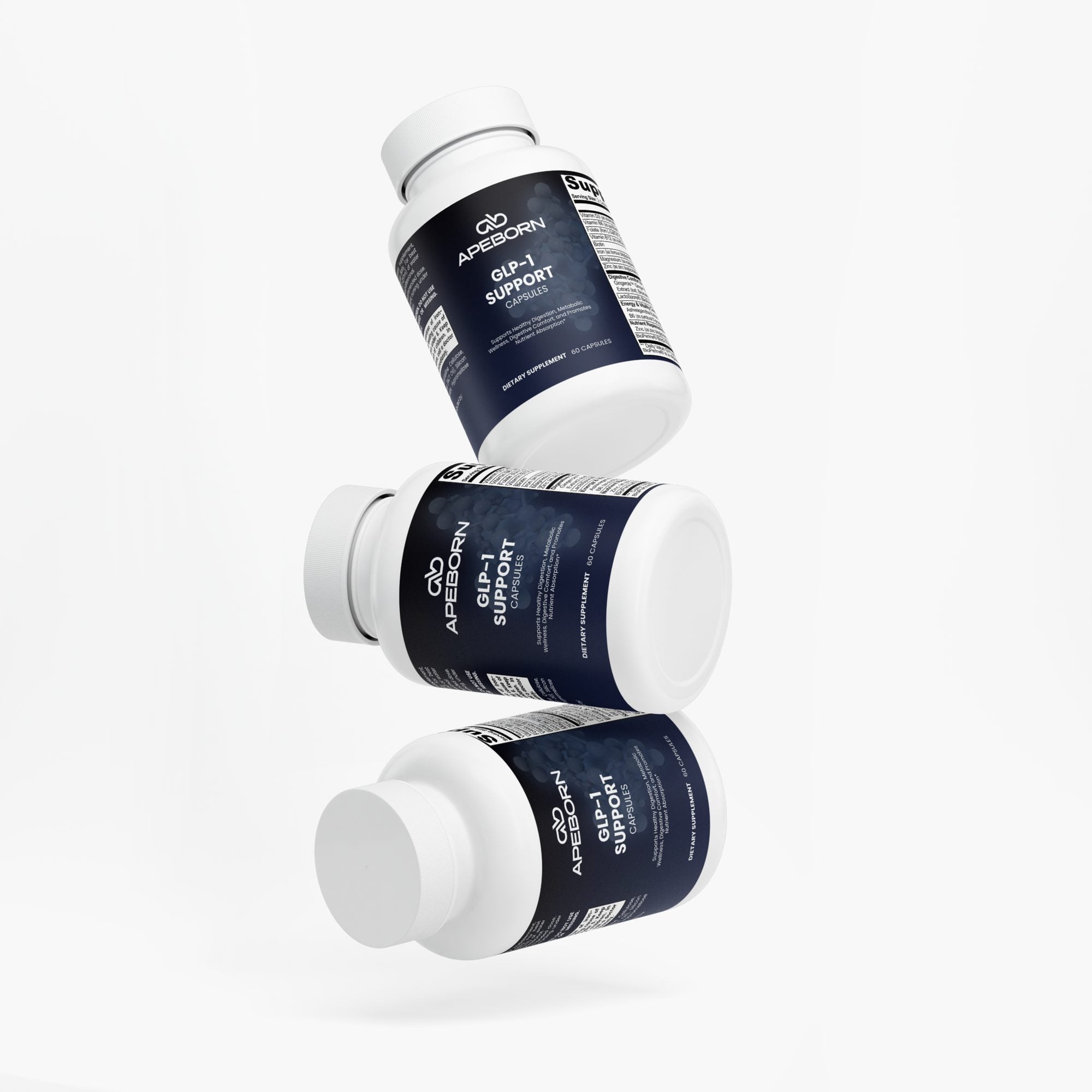 Three stacked bottles of GLP-1 Support capsules balanced vertically
