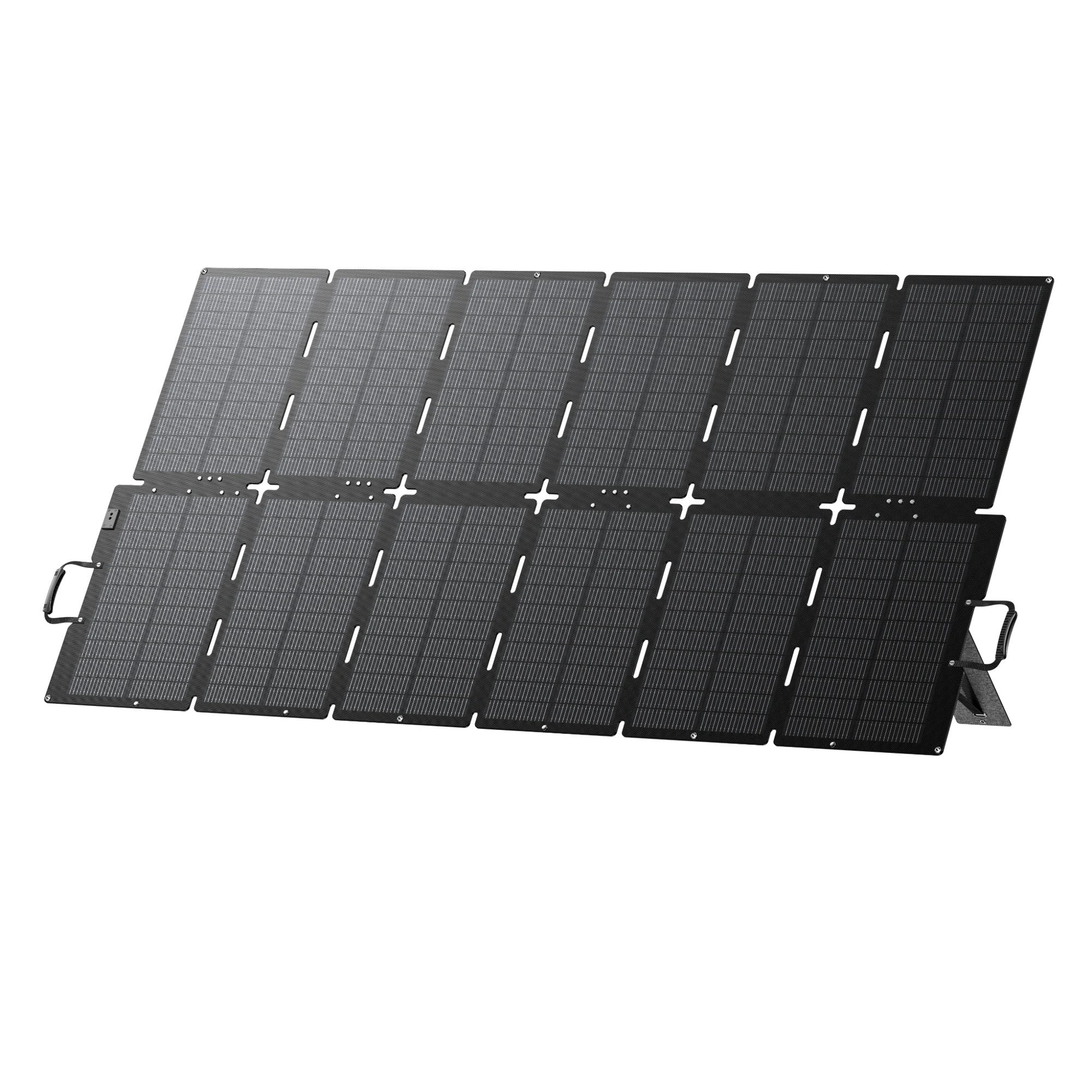 Foldable solar panel array with six connected dark panels and carrying handles