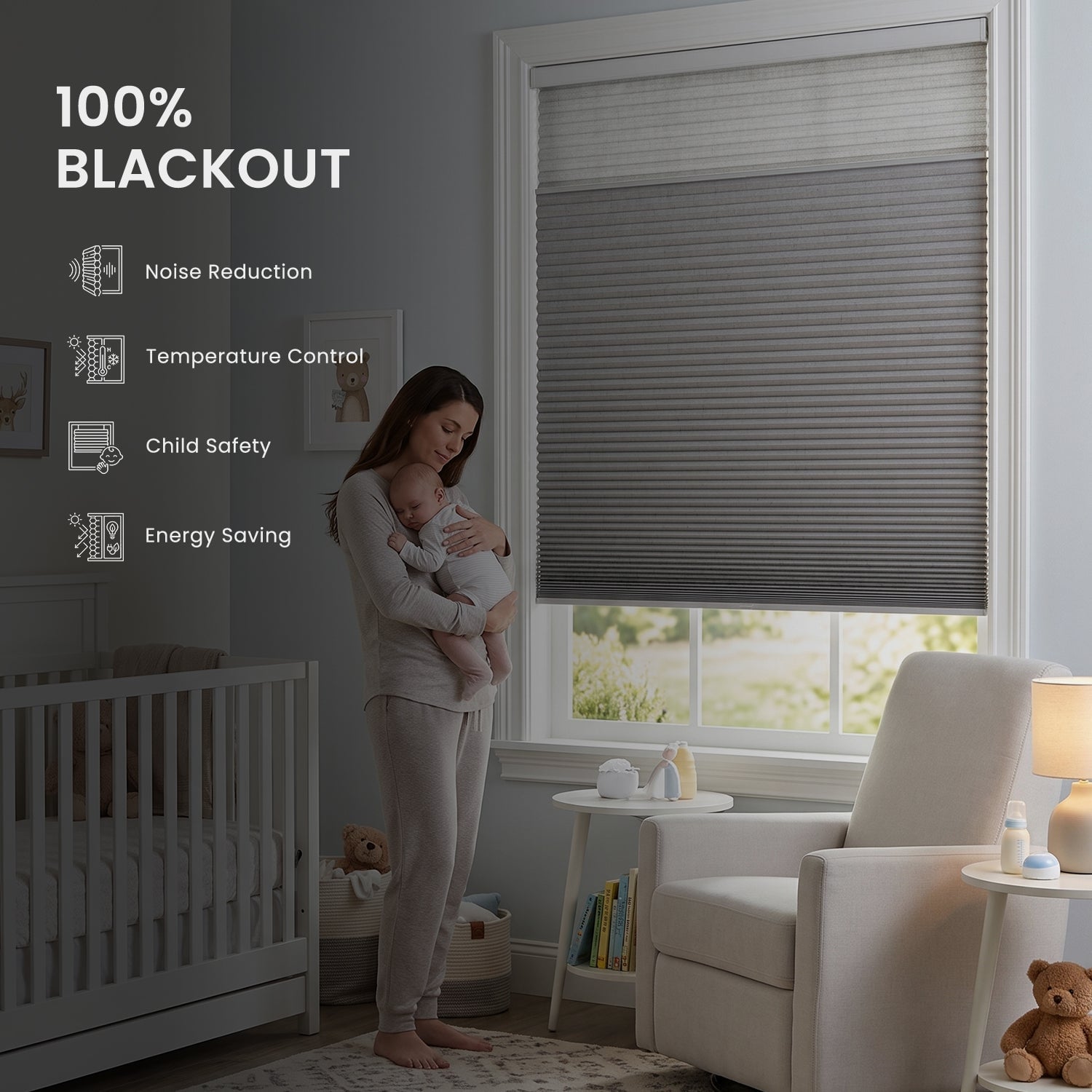 Mother holding infant in nursery with 100% blackout motorized shades featuring noise reduction, temperature control, child safety, and energy saving benefits