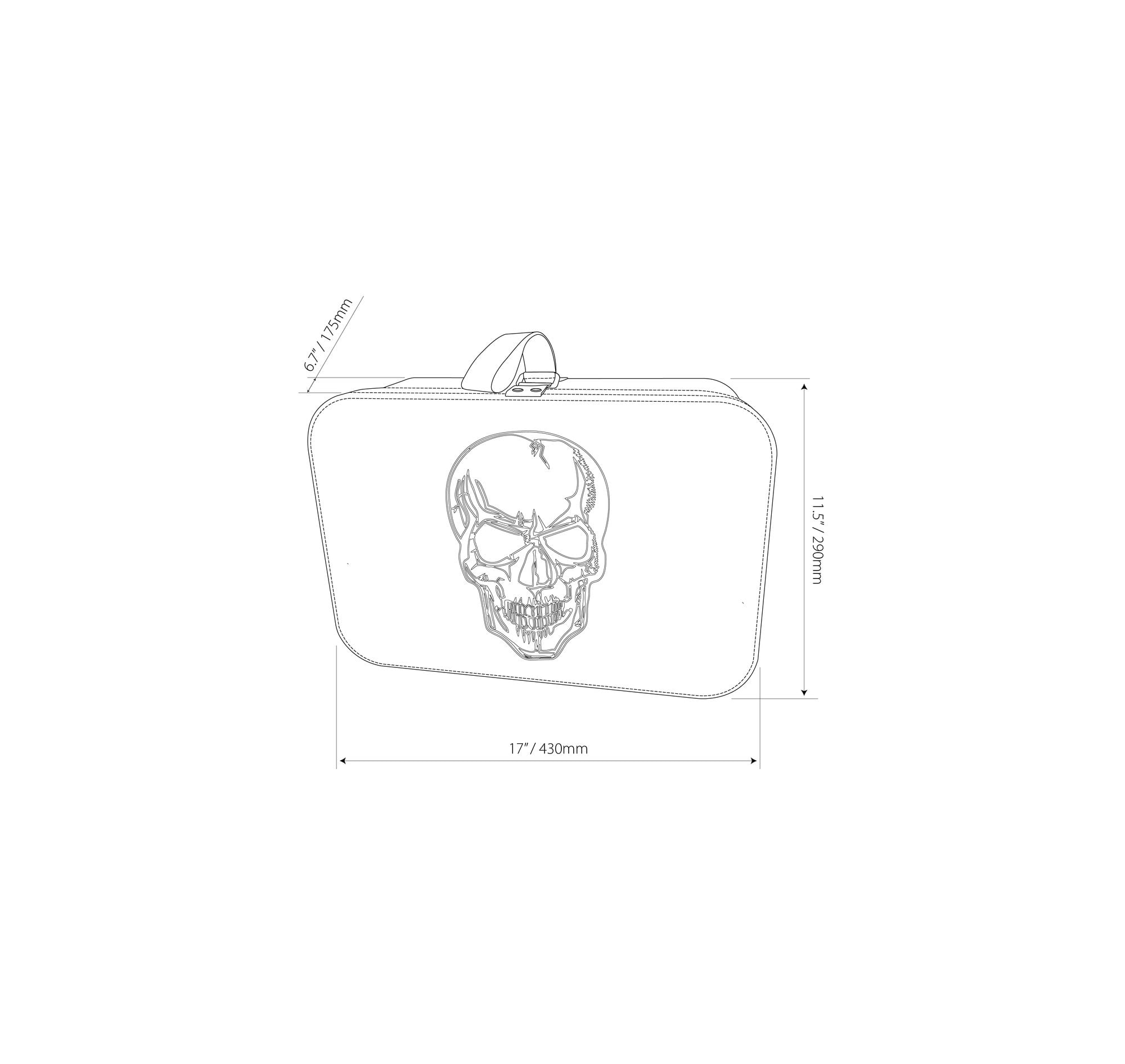 Technical diagram showing dimensions of a rectangular case measuring 17 inches by 11.5 inches with skull emblem design