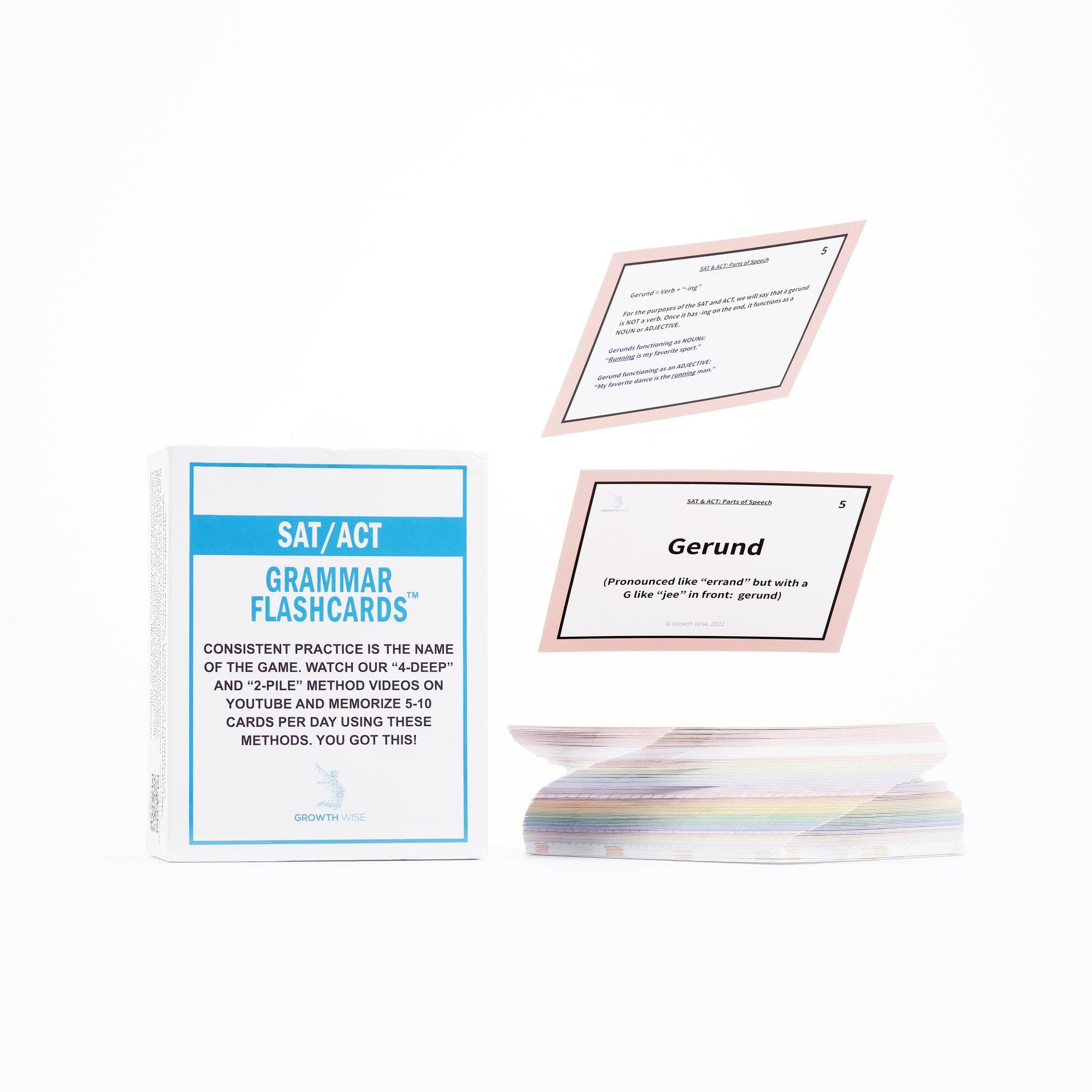 SAT/ACT Grammar Flashcards box with colorful flashcards fanned out showing grammar concepts like "Gerund" with pronunciation guides
