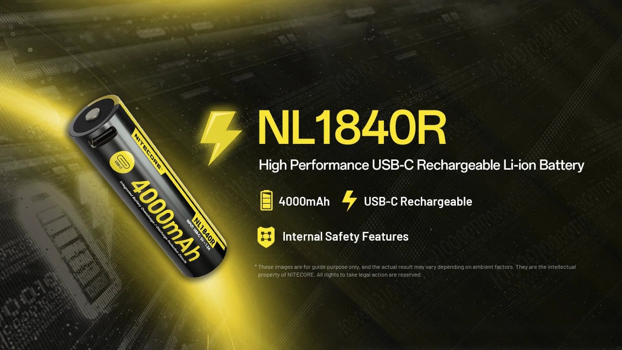 NL1840R rechargeable lithium battery with 4000mAh capacity and USB-C charging, displayed against yellow-lit tech background