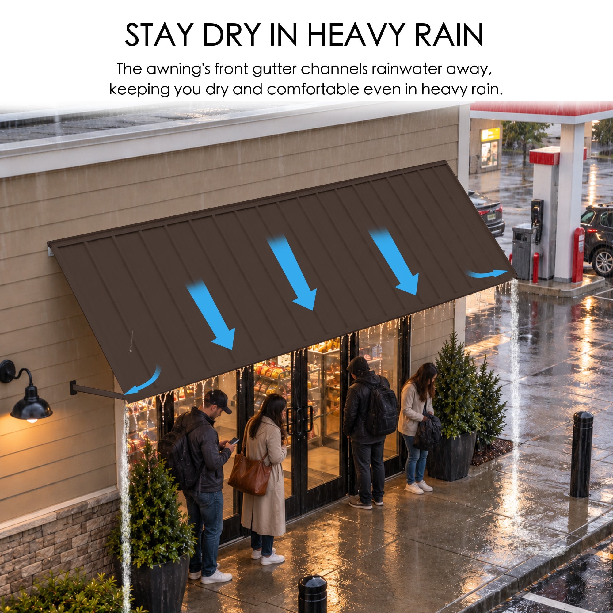 Dark awning over storefront in rain with blue arrows showing water drainage away from entrance and customers sheltered below