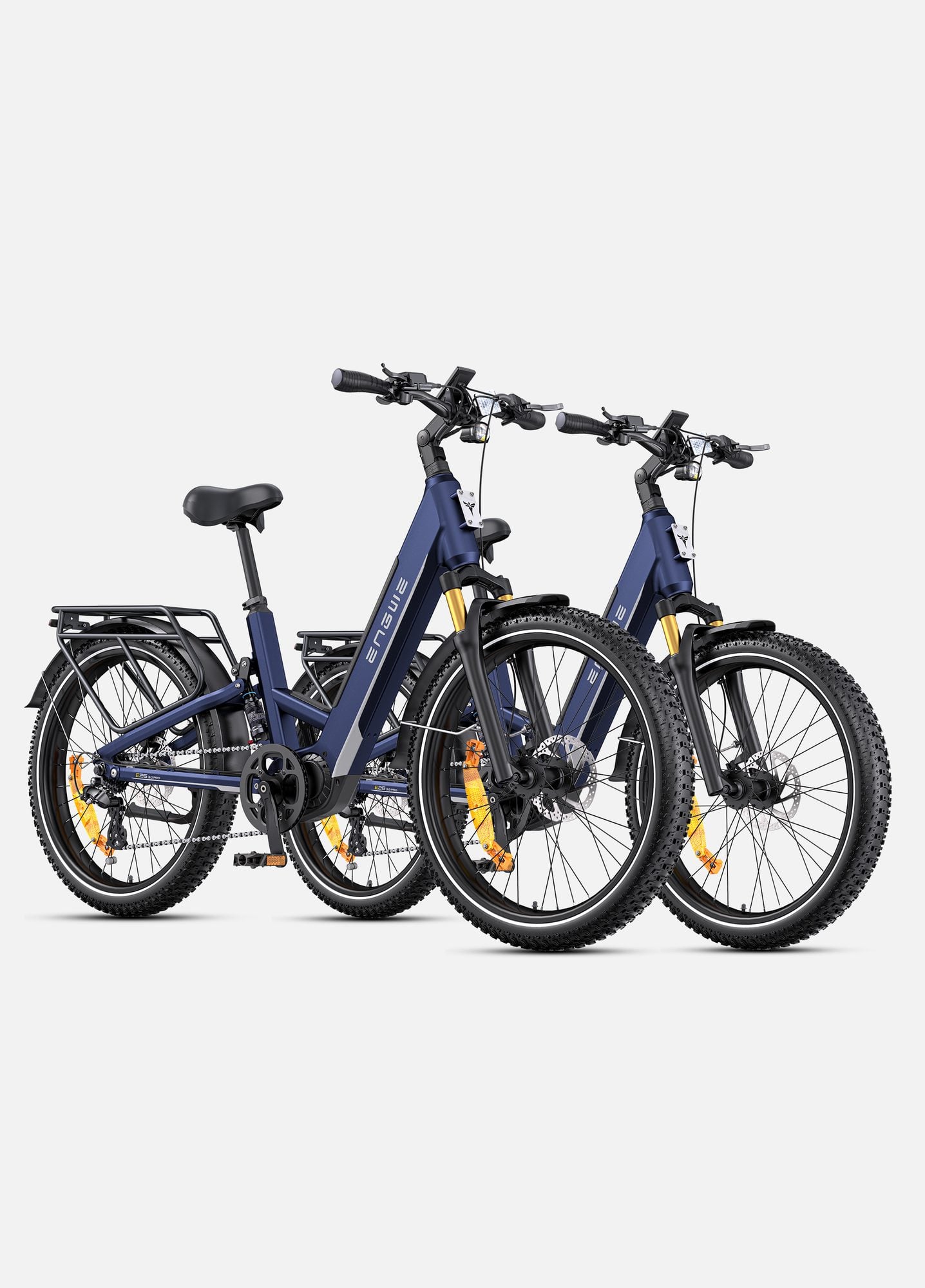 Two blue and gray electric bikes with yellow accents displayed side by side against white background