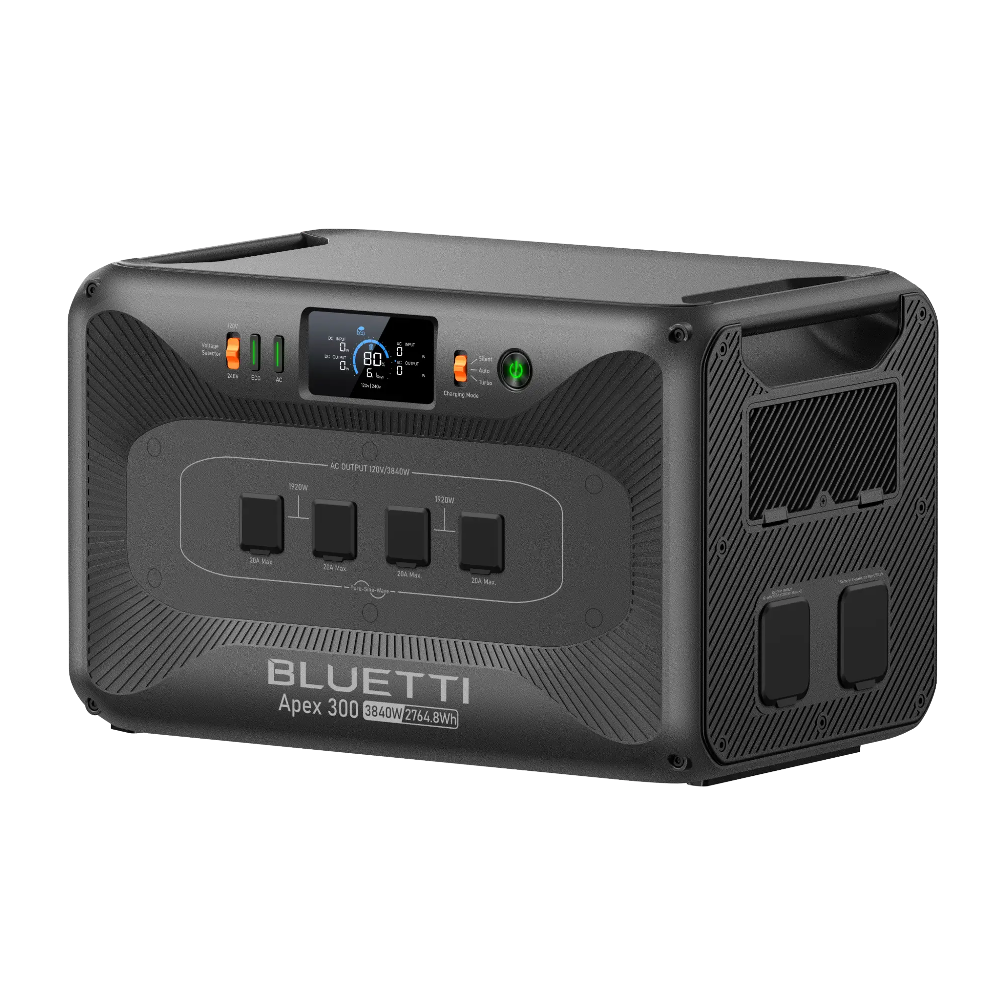 Angled side view of portable power station with vented design and carrying handle on top