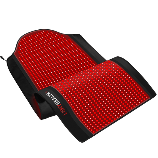 Red light therapy mat with black sides and dense LED pattern for full-body treatment